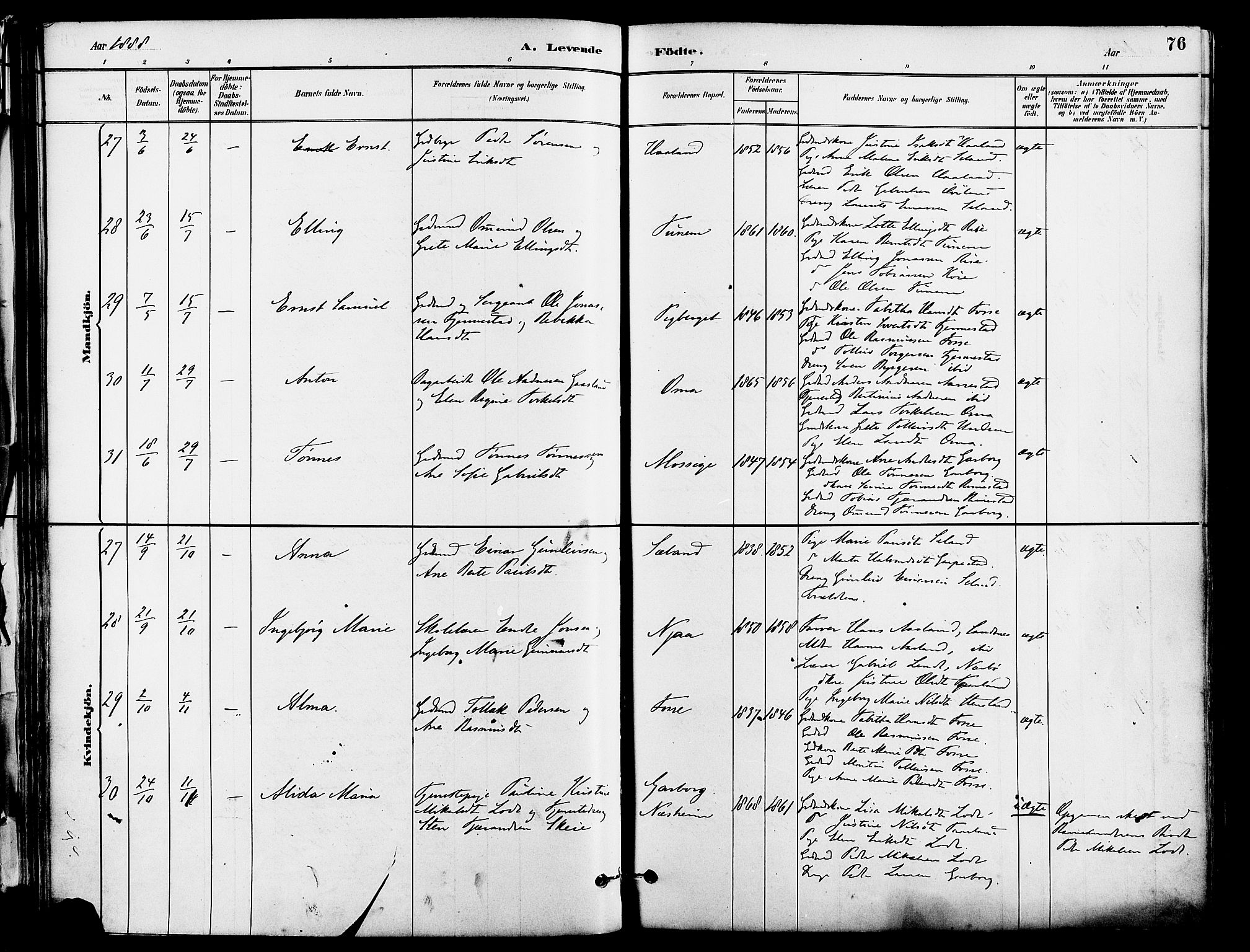 Lye sokneprestkontor, AV/SAST-A-101794/001/30BA/L0009: Parish register (official) no. A 8, 1881-1892, p. 76