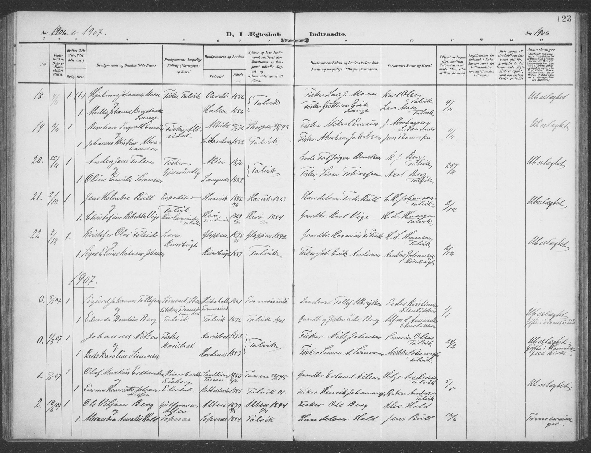Talvik sokneprestkontor, SATØ/S-1337/H/Ha/L0017kirke: Parish register (official) no. 17, 1906-1915, p. 123