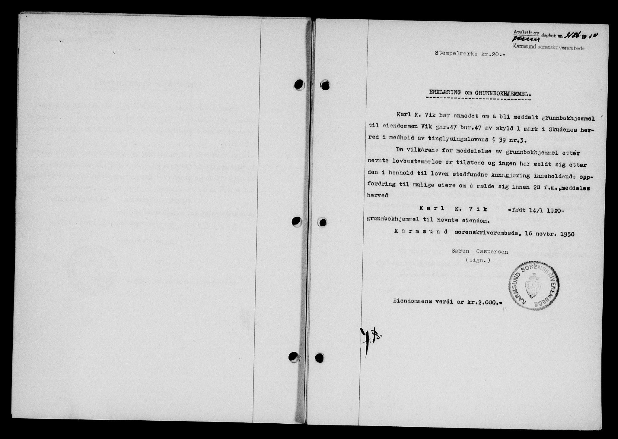 Karmsund sorenskriveri, SAST/A-100311/01/II/IIB/L0101: Mortgage book no. 81A, 1950-1951, Diary no: : 3186/1950