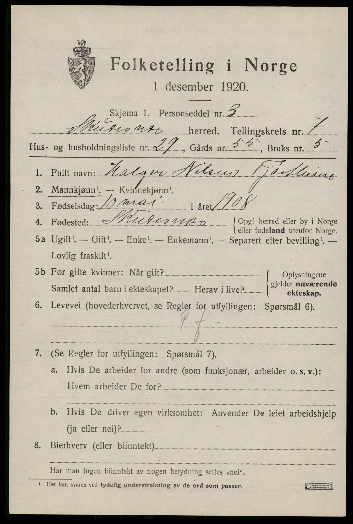 SAST, 1920 census for Skudenes, 1920, p. 1400