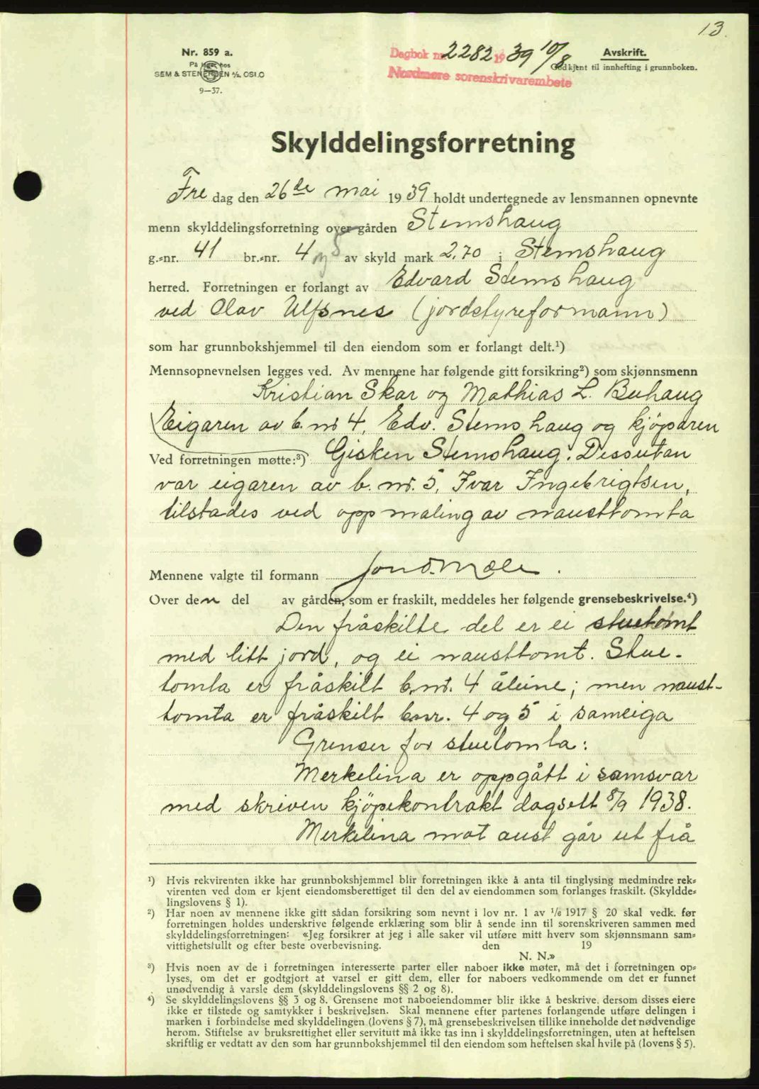 Nordmøre sorenskriveri, AV/SAT-A-4132/1/2/2Ca: Mortgage book no. A87, 1939-1940, Diary no: : 2282/1939