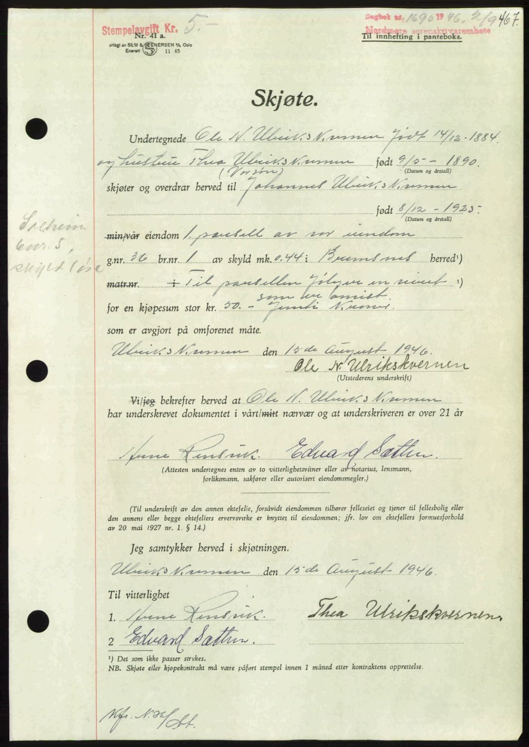 Nordmøre sorenskriveri, AV/SAT-A-4132/1/2/2Ca: Mortgage book no. A102, 1946-1946, Diary no: : 1690/1946