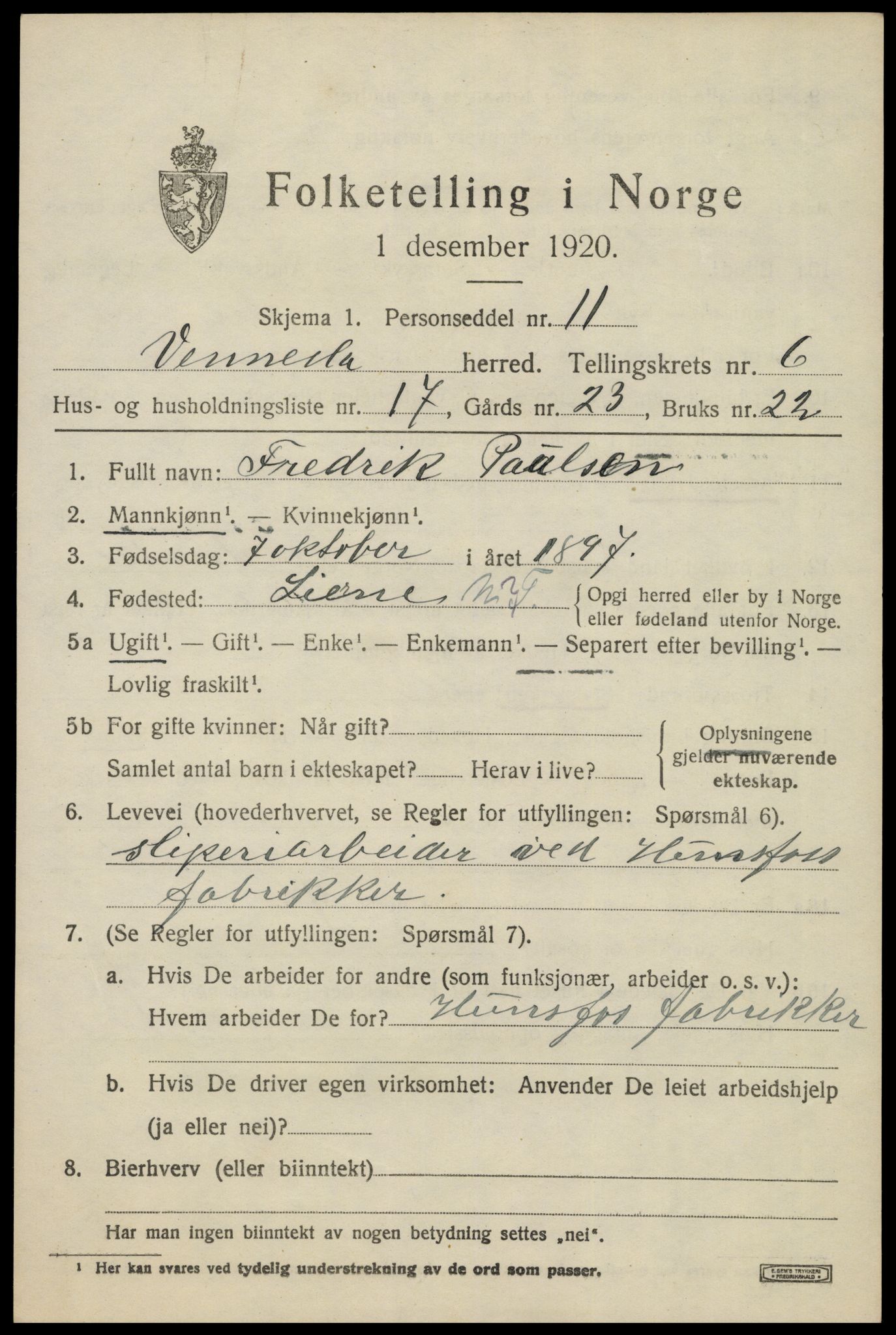 SAK, 1920 census for Vennesla, 1920, p. 4524