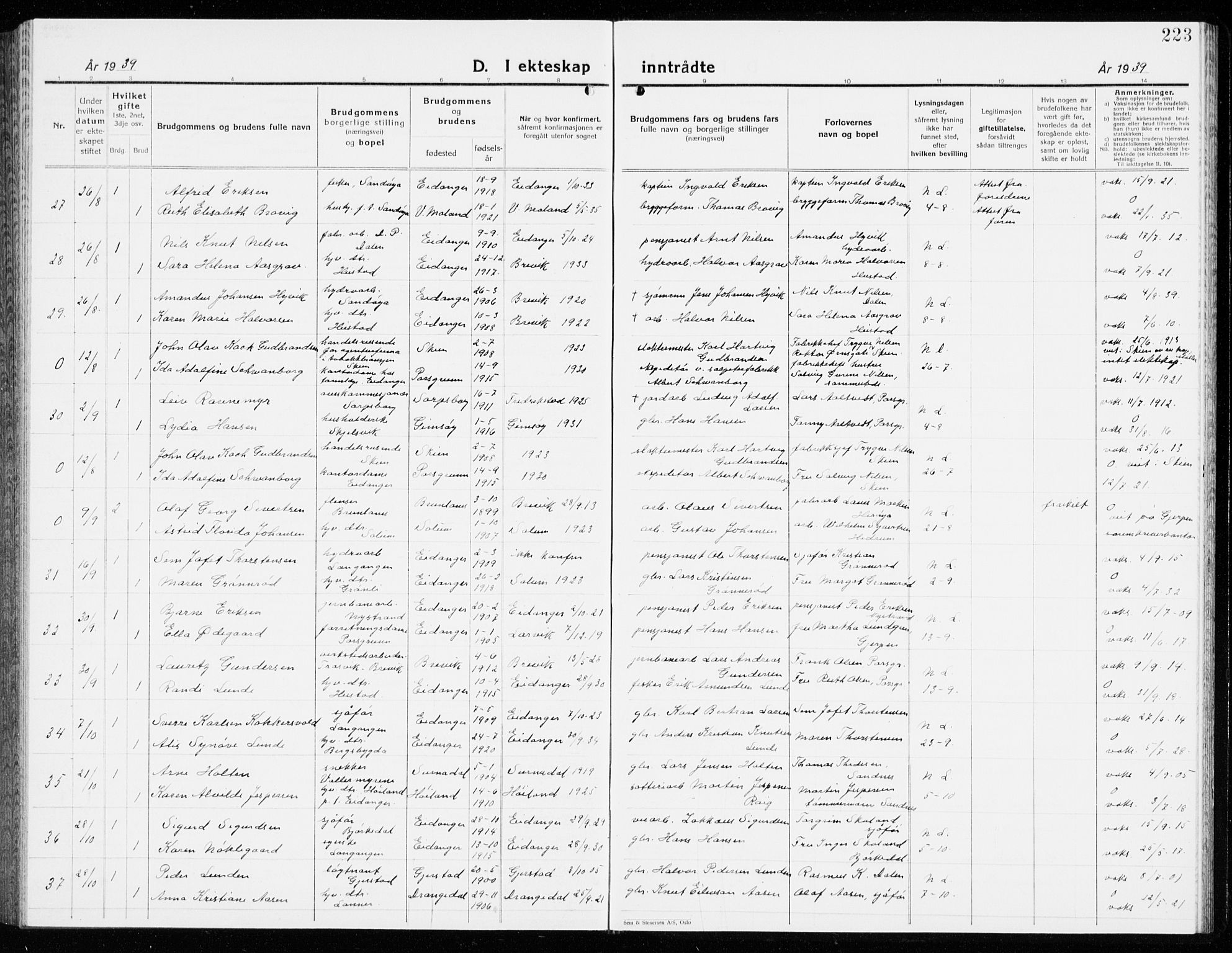 Eidanger kirkebøker, AV/SAKO-A-261/G/Ga/L0005: Parish register (copy) no. 5, 1928-1942, p. 223