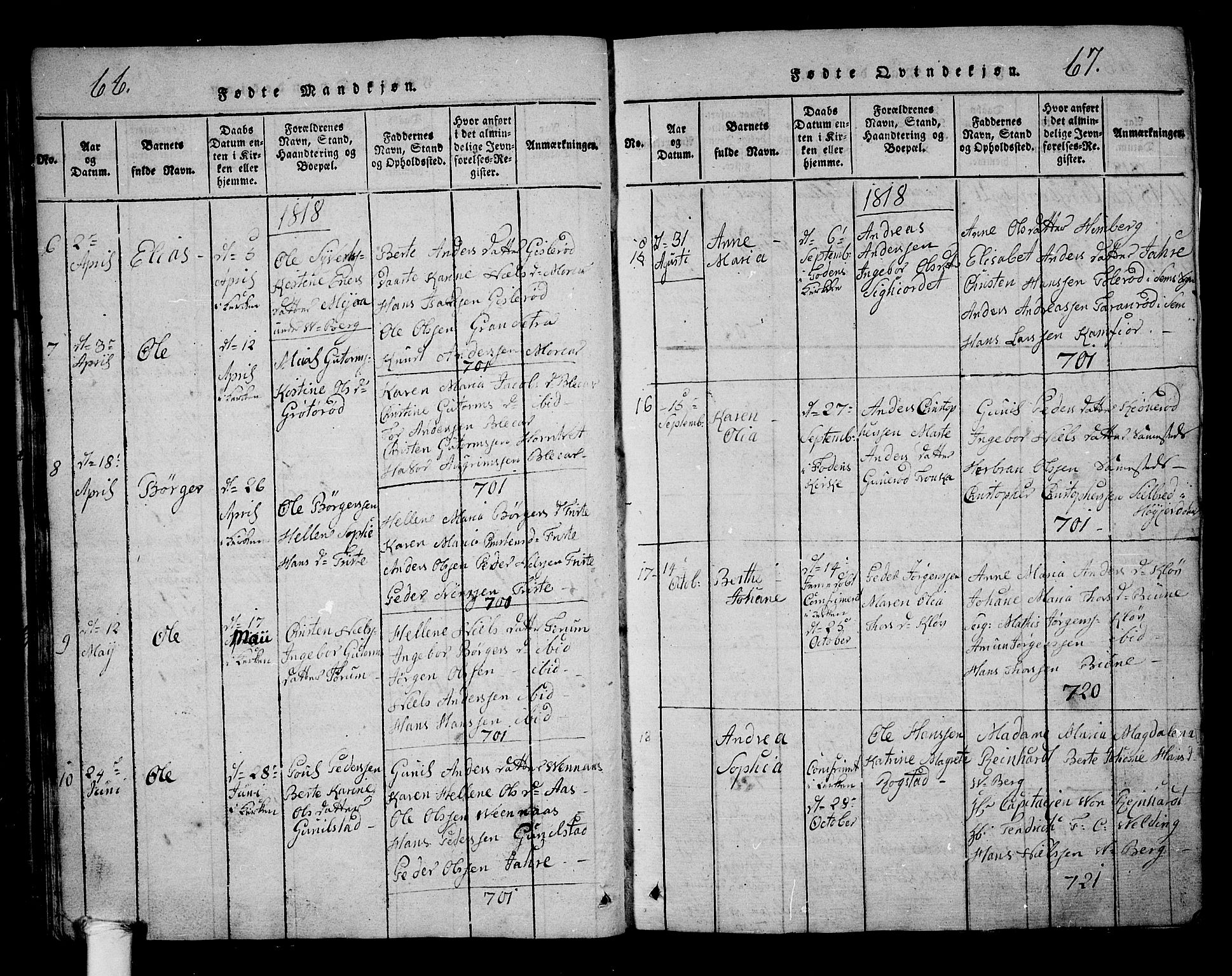 Ramnes kirkebøker, AV/SAKO-A-314/G/Ga/L0001: Parish register (copy) no. I 1, 1813-1847, p. 66-67