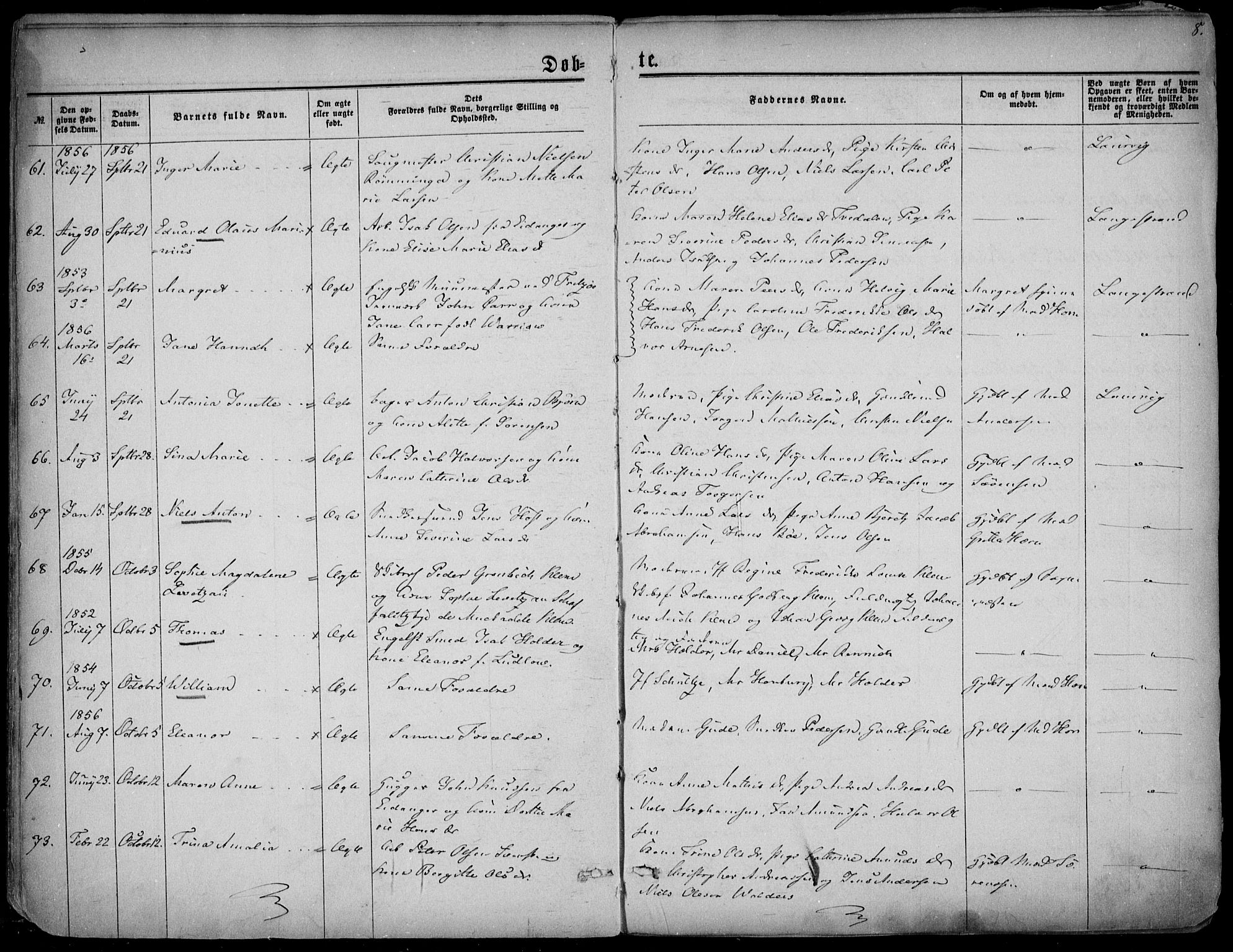 Larvik kirkebøker, AV/SAKO-A-352/F/Fa/L0004: Parish register (official) no. I 4, 1856-1870, p. 8