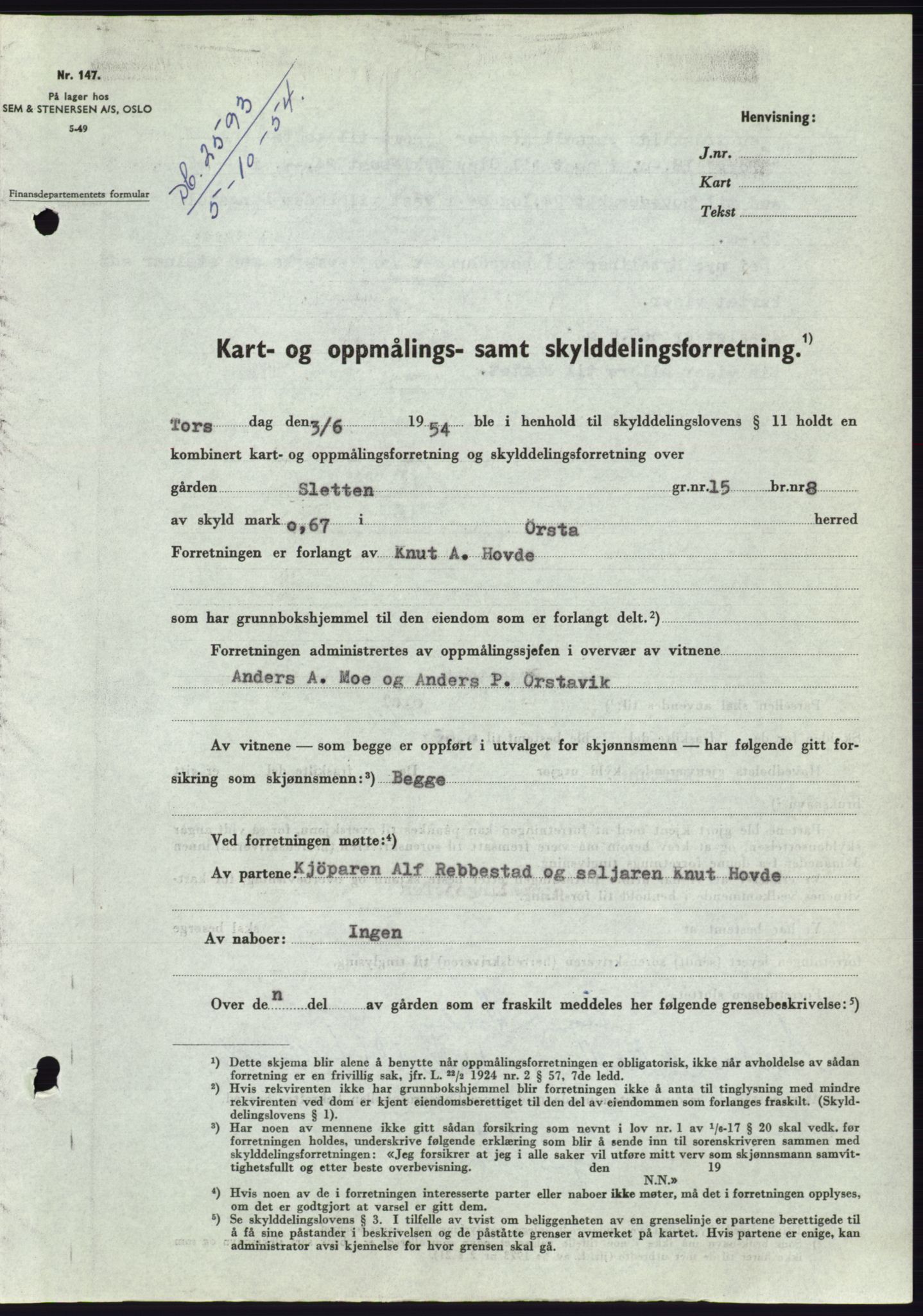 Søre Sunnmøre sorenskriveri, AV/SAT-A-4122/1/2/2C/L0099: Mortgage book no. 25A, 1954-1954, Diary no: : 2593/1954