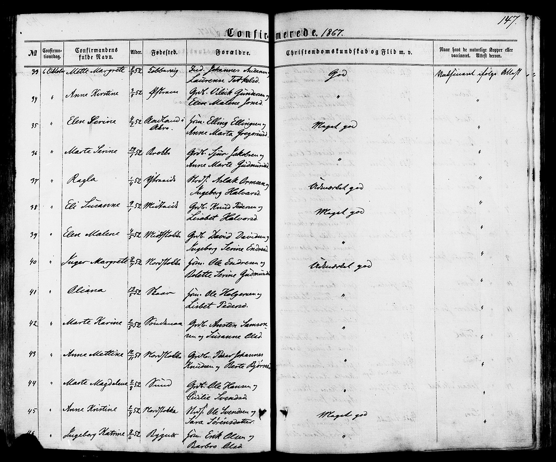 Avaldsnes sokneprestkontor, SAST/A -101851/H/Ha/Haa/L0011: Parish register (official) no. A 11, 1861-1880, p. 147