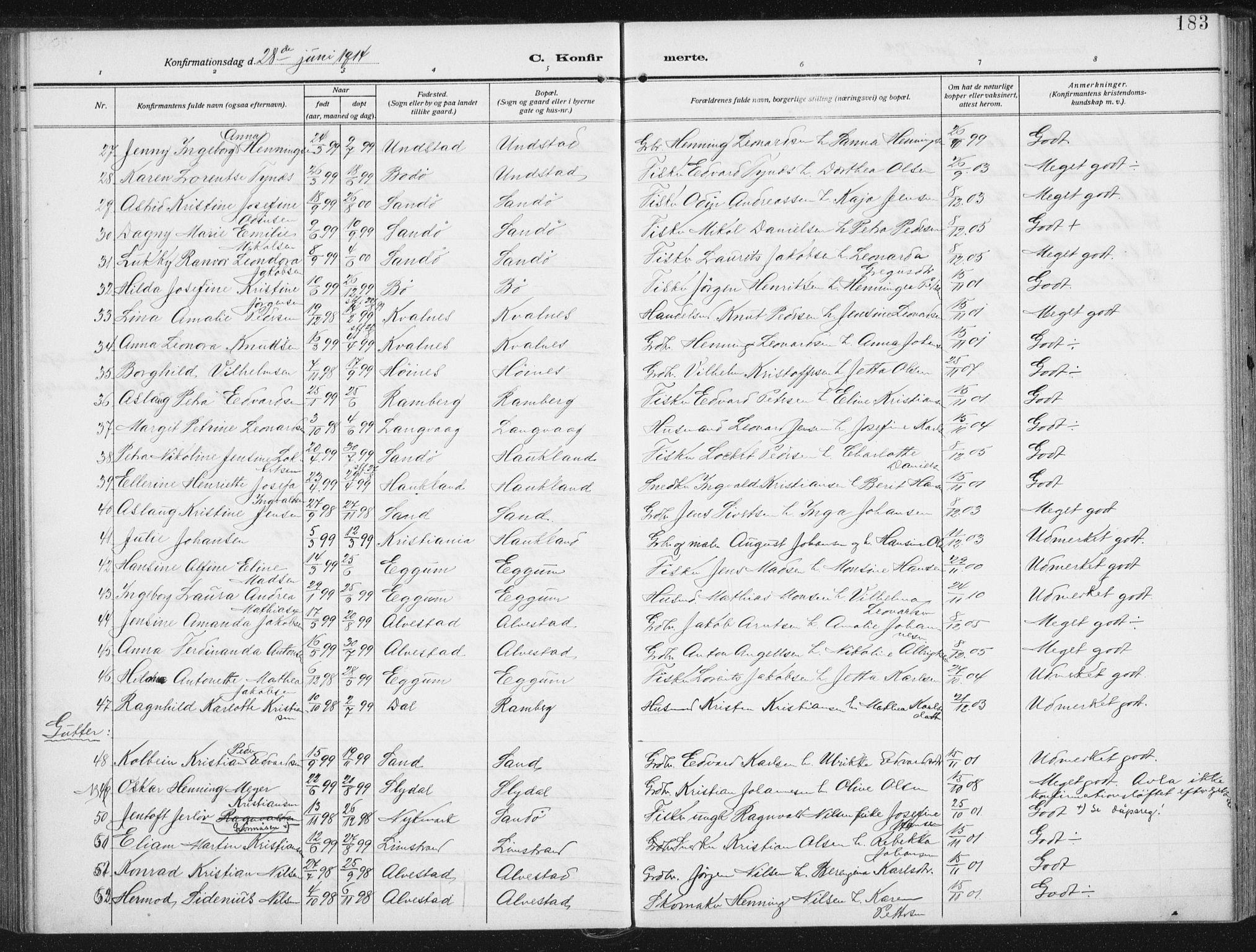 Ministerialprotokoller, klokkerbøker og fødselsregistre - Nordland, AV/SAT-A-1459/880/L1135: Parish register (official) no. 880A09, 1908-1919, p. 183