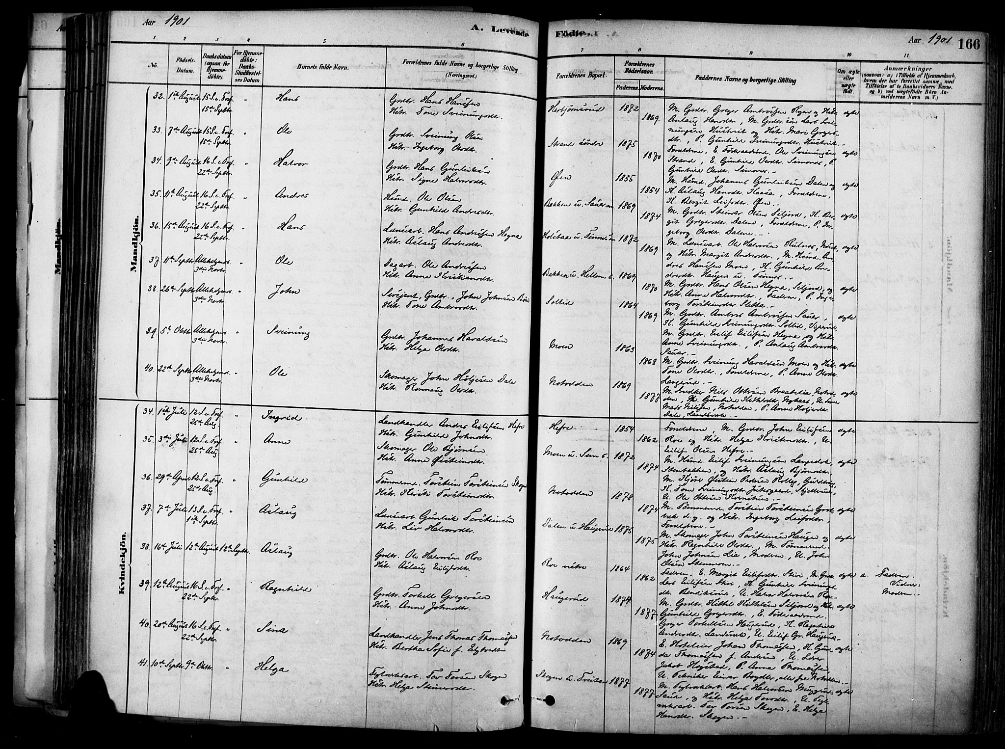 Heddal kirkebøker, SAKO/A-268/F/Fa/L0008: Parish register (official) no. I 8, 1878-1903, p. 166
