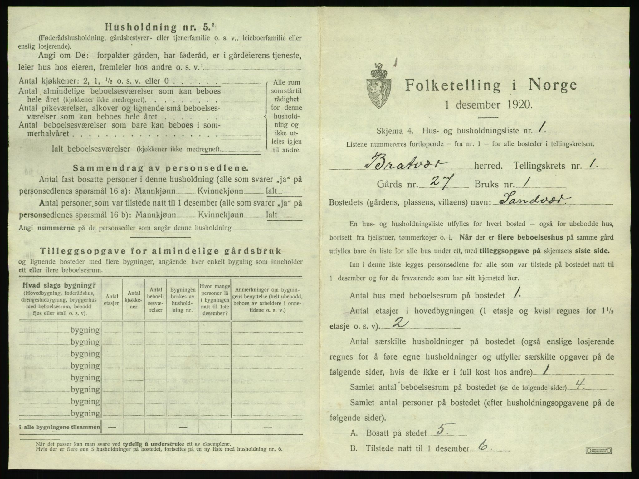 SAT, 1920 census for Brattvær, 1920, p. 30