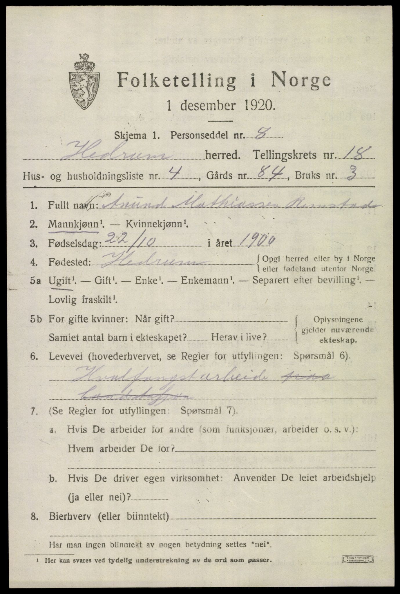 SAKO, 1920 census for Hedrum, 1920, p. 10843