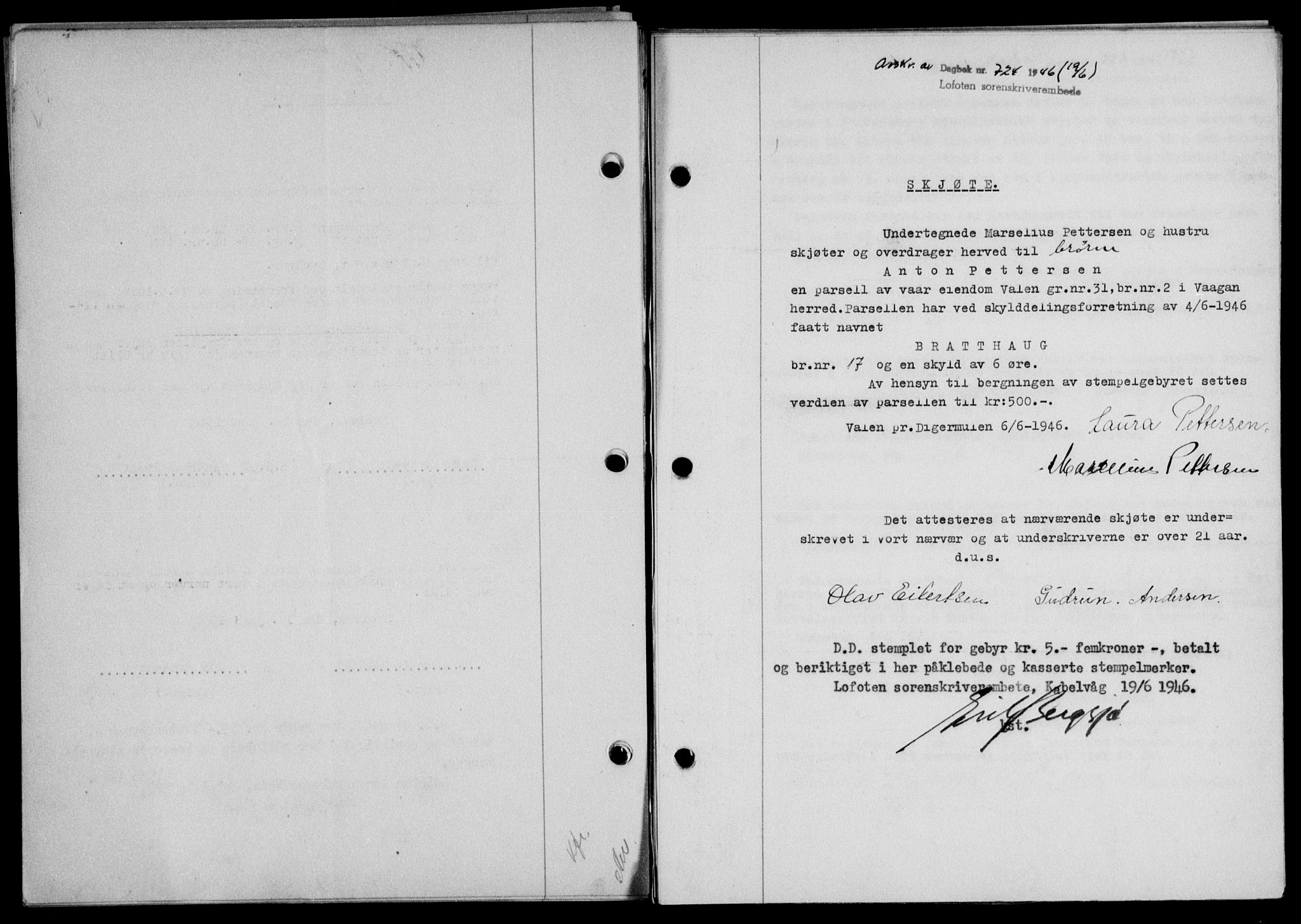 Lofoten sorenskriveri, SAT/A-0017/1/2/2C/L0014a: Mortgage book no. 14a, 1946-1946, Diary no: : 724/1946