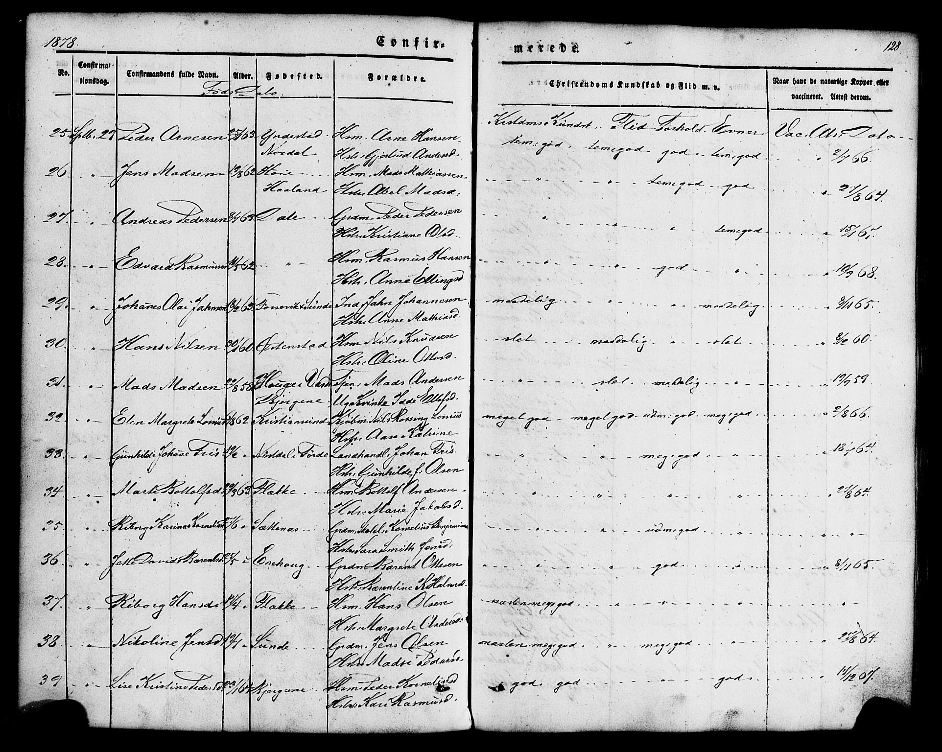 Fjaler sokneprestembete, AV/SAB-A-79801/H/Haa/Haaa/L0008: Parish register (official) no. A 8, 1850-1886, p. 128