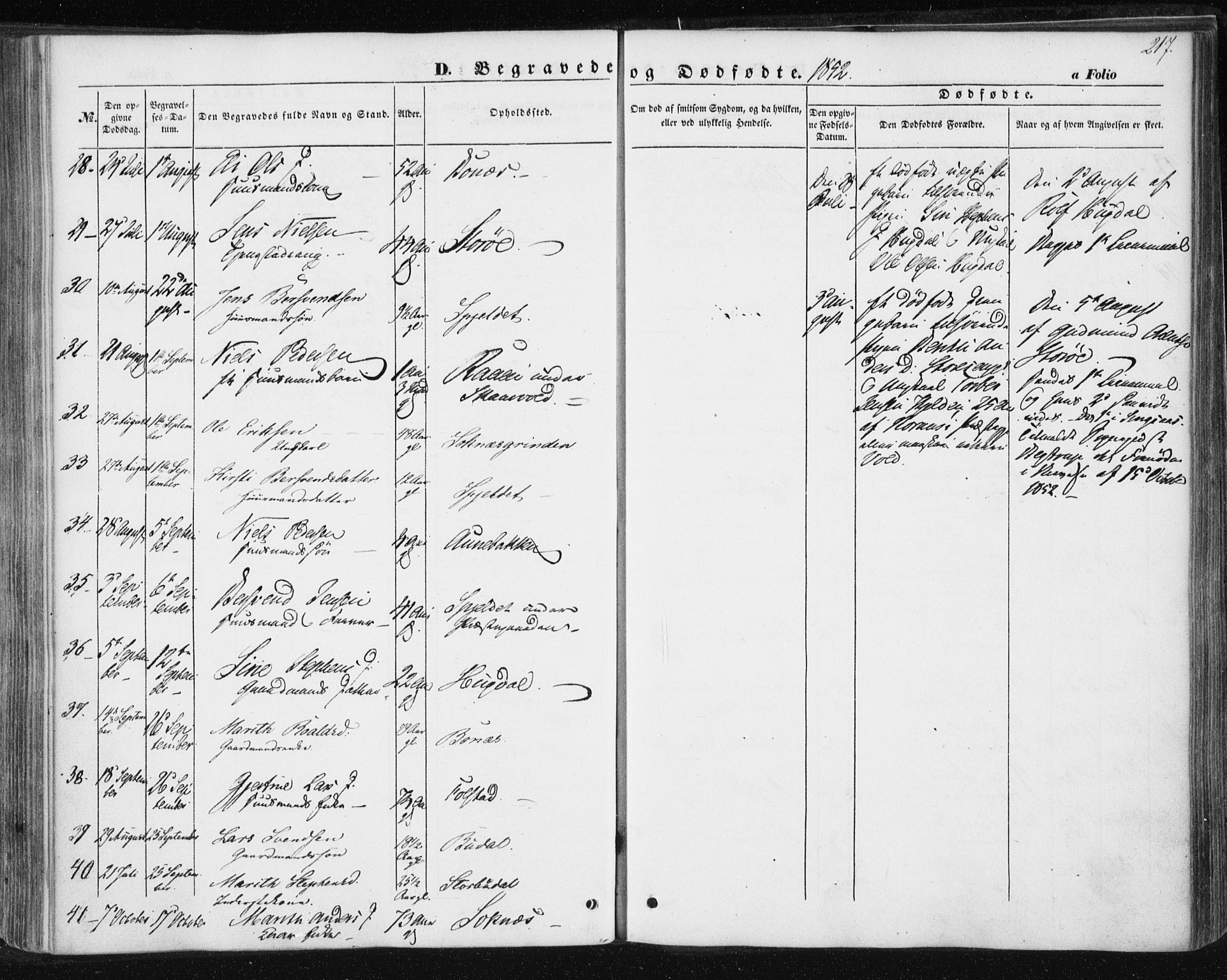 Ministerialprotokoller, klokkerbøker og fødselsregistre - Sør-Trøndelag, SAT/A-1456/687/L1000: Parish register (official) no. 687A06, 1848-1869, p. 217