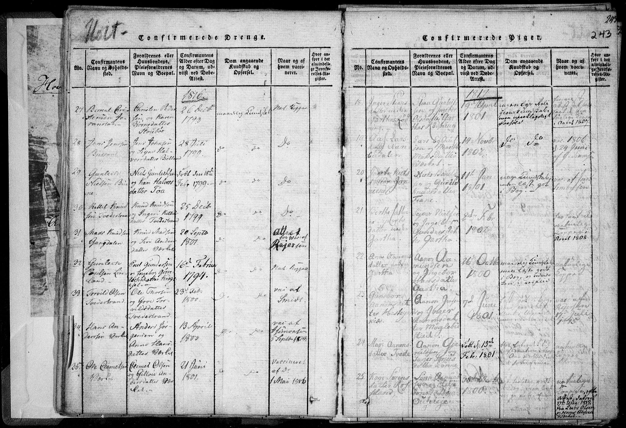 Holt sokneprestkontor, AV/SAK-1111-0021/F/Fa/L0005: Parish register (official) no. A 5, 1813-1821, p. 243