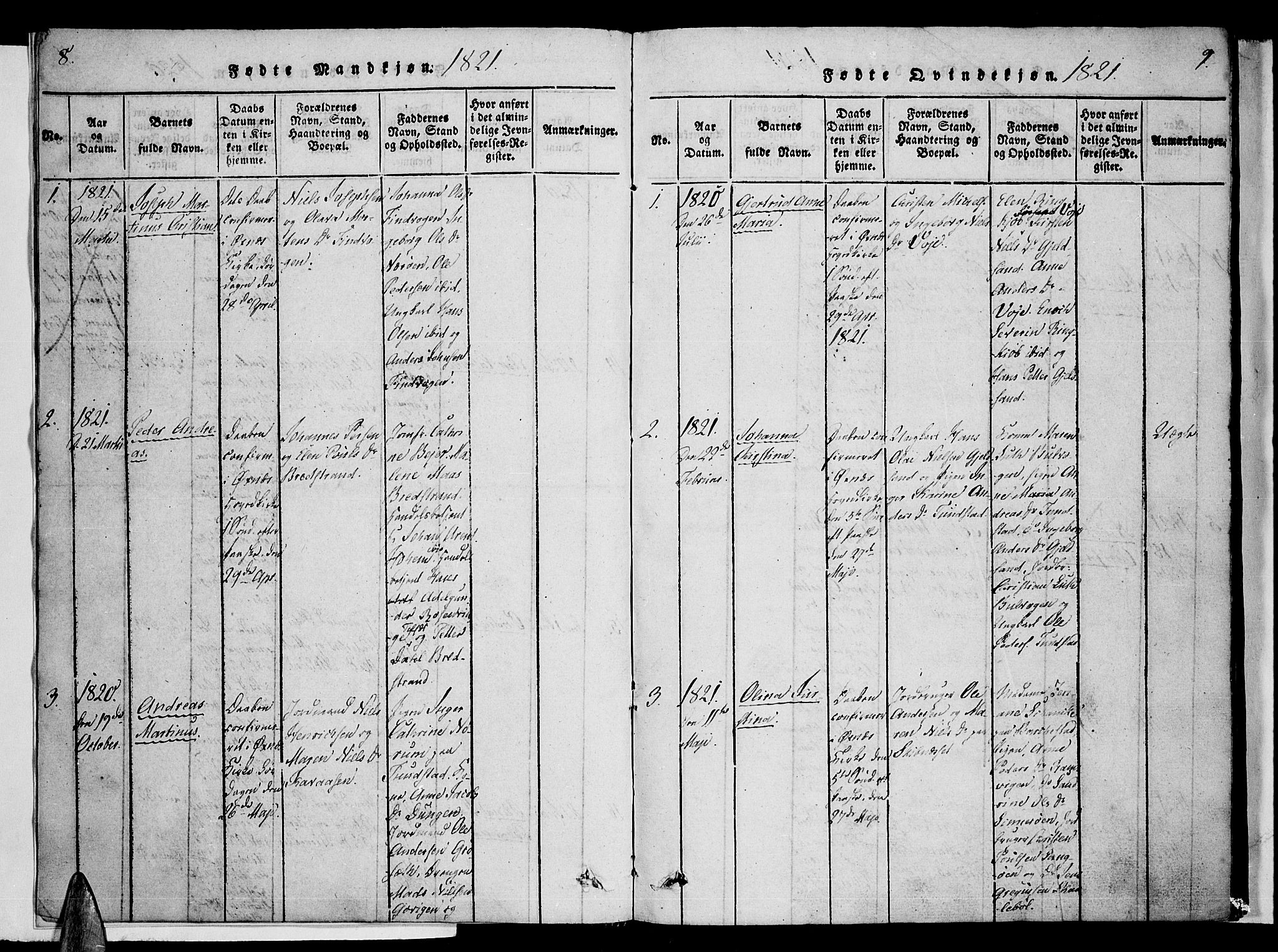 Ministerialprotokoller, klokkerbøker og fødselsregistre - Nordland, AV/SAT-A-1459/893/L1331: Parish register (official) no. 893A04, 1820-1840, p. 8-9