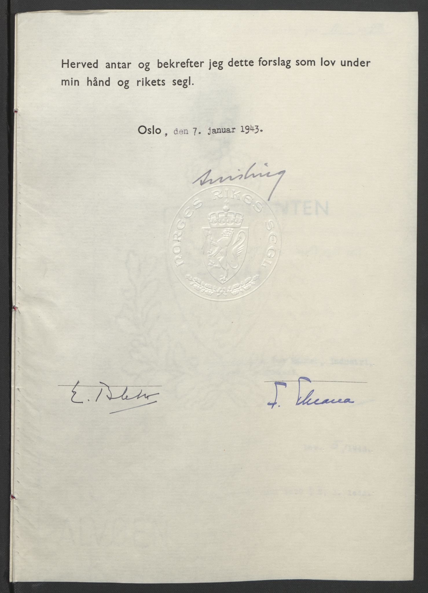 NS-administrasjonen 1940-1945 (Statsrådsekretariatet, de kommisariske statsråder mm), RA/S-4279/D/Db/L0099: Lover, 1943, p. 25