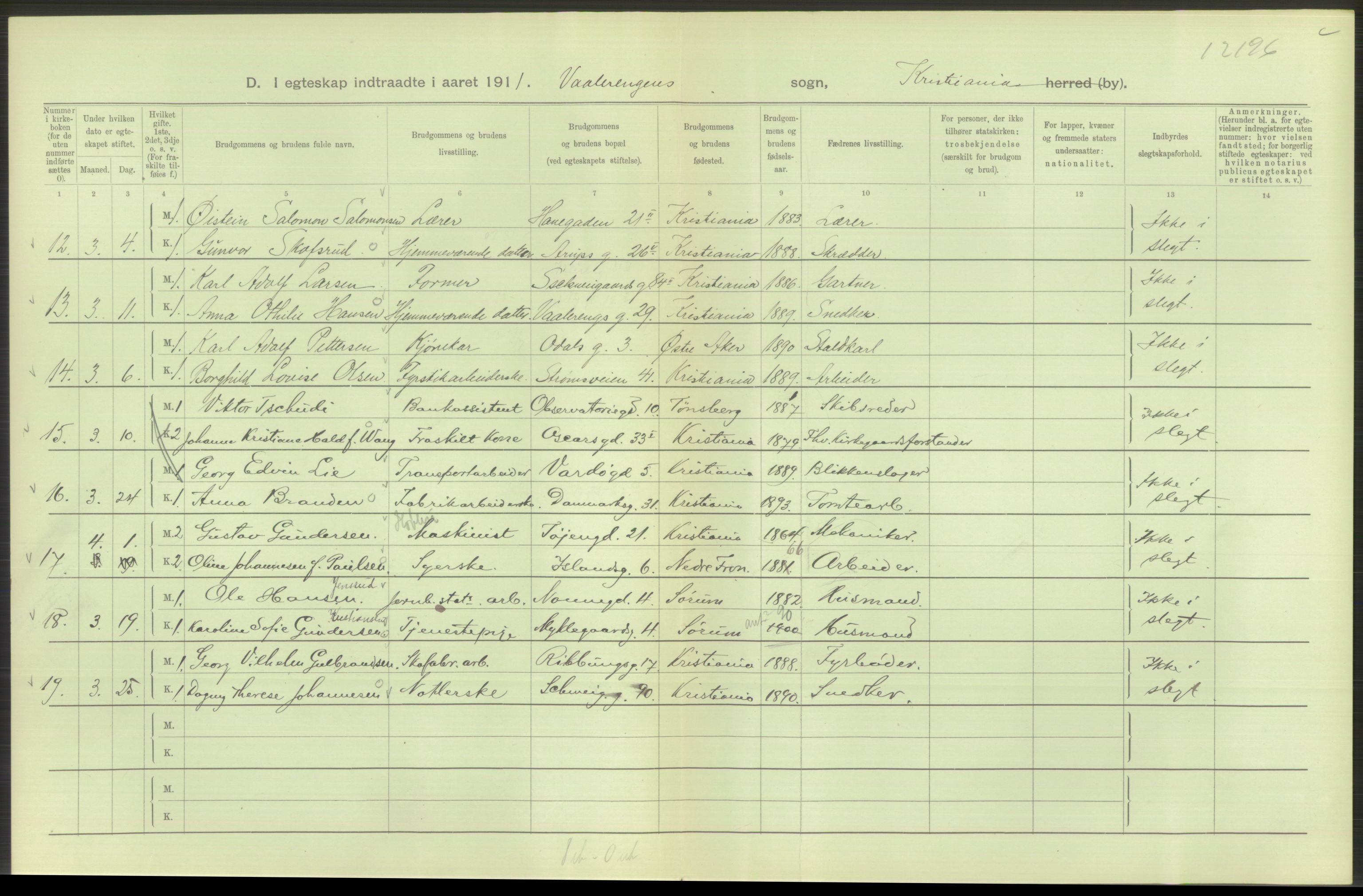 Statistisk sentralbyrå, Sosiodemografiske emner, Befolkning, AV/RA-S-2228/D/Df/Dfb/Dfba/L0008: Kristiania: Gifte, 1911, p. 262