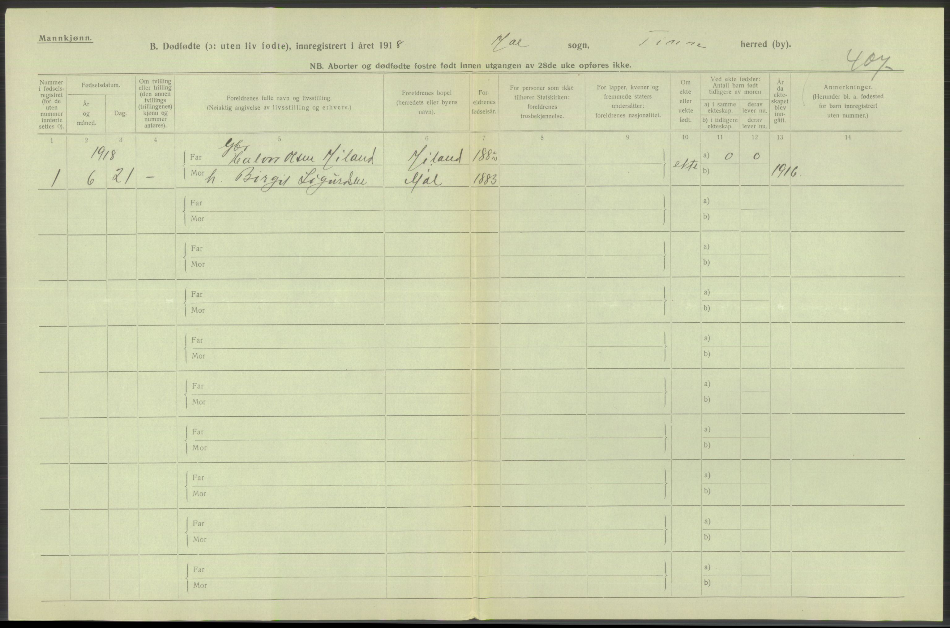 Statistisk sentralbyrå, Sosiodemografiske emner, Befolkning, RA/S-2228/D/Df/Dfb/Dfbh/L0025: Telemark fylke: Gifte, dødfødte. Bygder og byer., 1918, p. 326