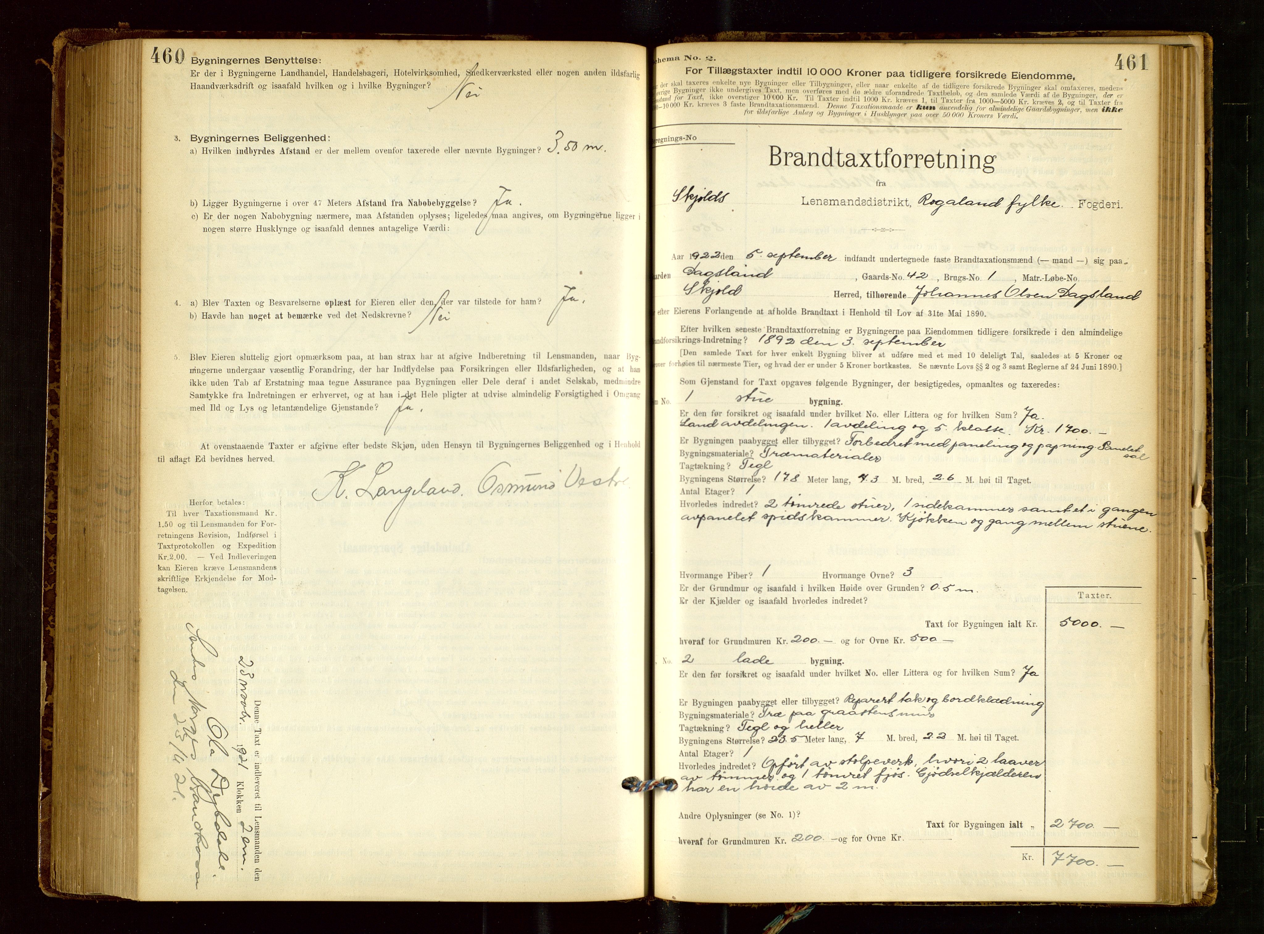 Skjold lensmannskontor, SAST/A-100182/Gob/L0001: "Brandtaxationsprotokol for Skjold Lensmandsdistrikt Ryfylke Fogderi", 1894-1939, p. 460-461