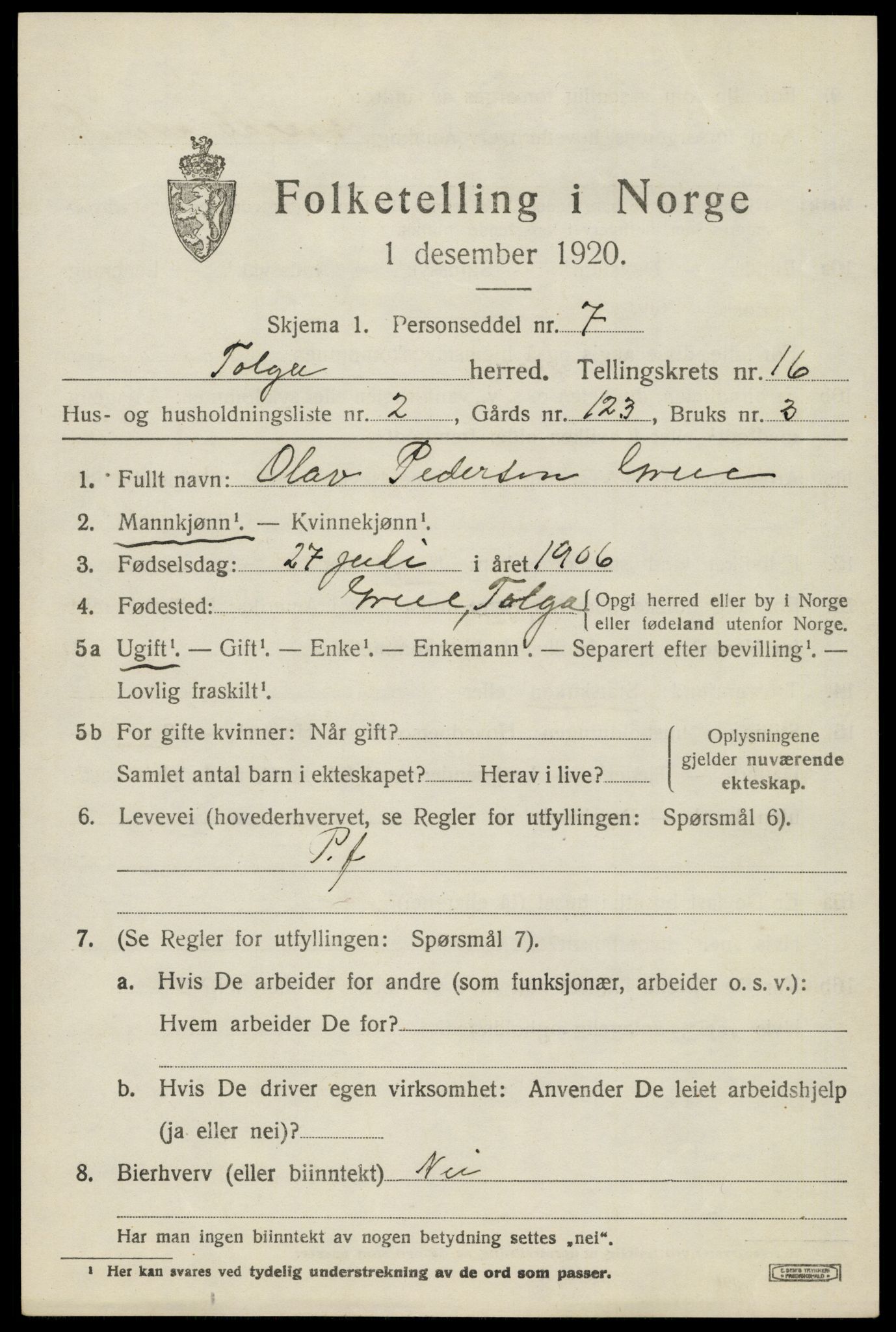 SAH, 1920 census for Tolga, 1920, p. 7397