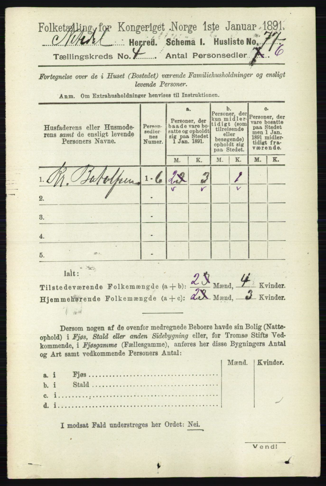 RA, 1891 census for 0233 Nittedal, 1891, p. 1697