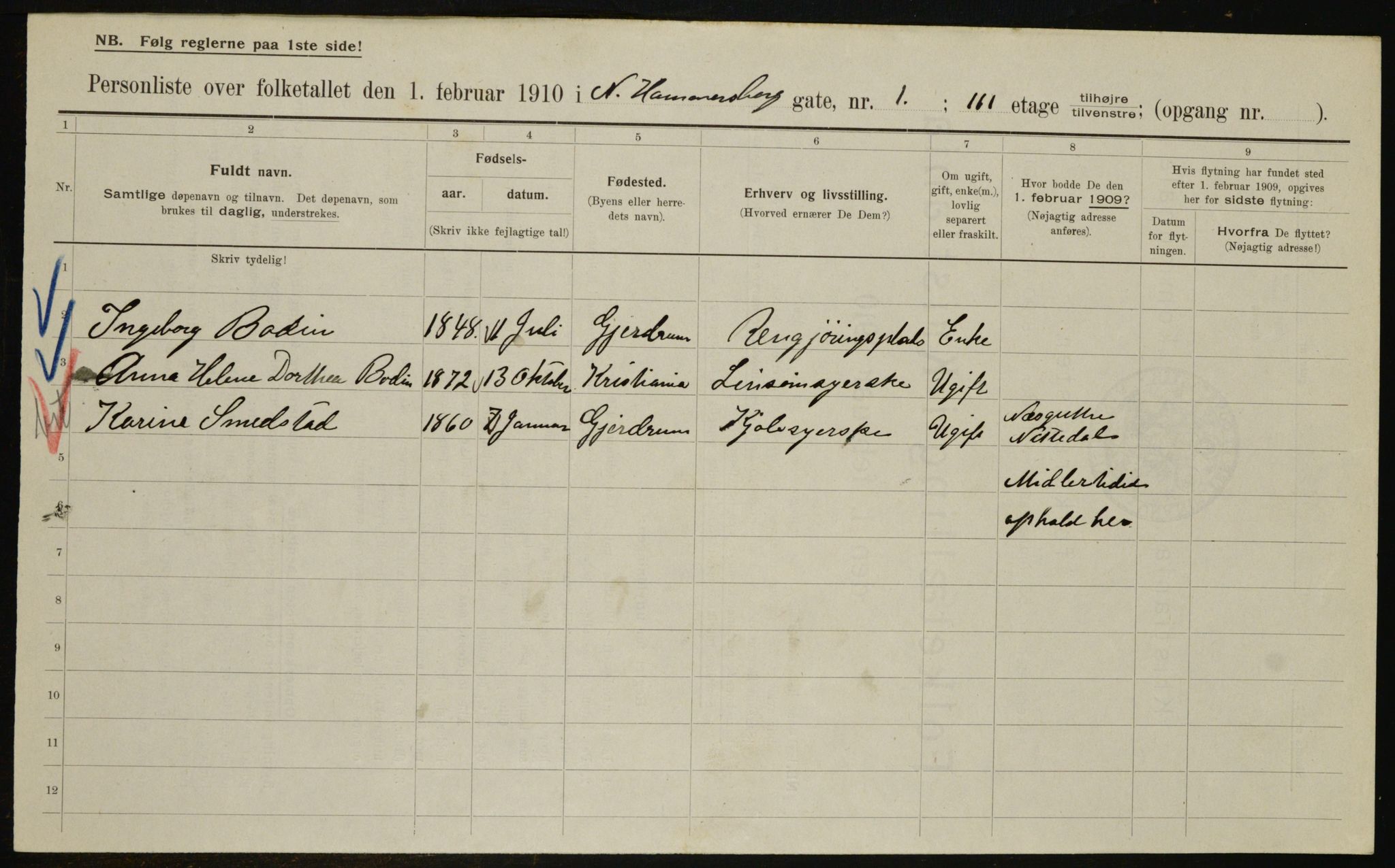 OBA, Municipal Census 1910 for Kristiania, 1910, p. 66859