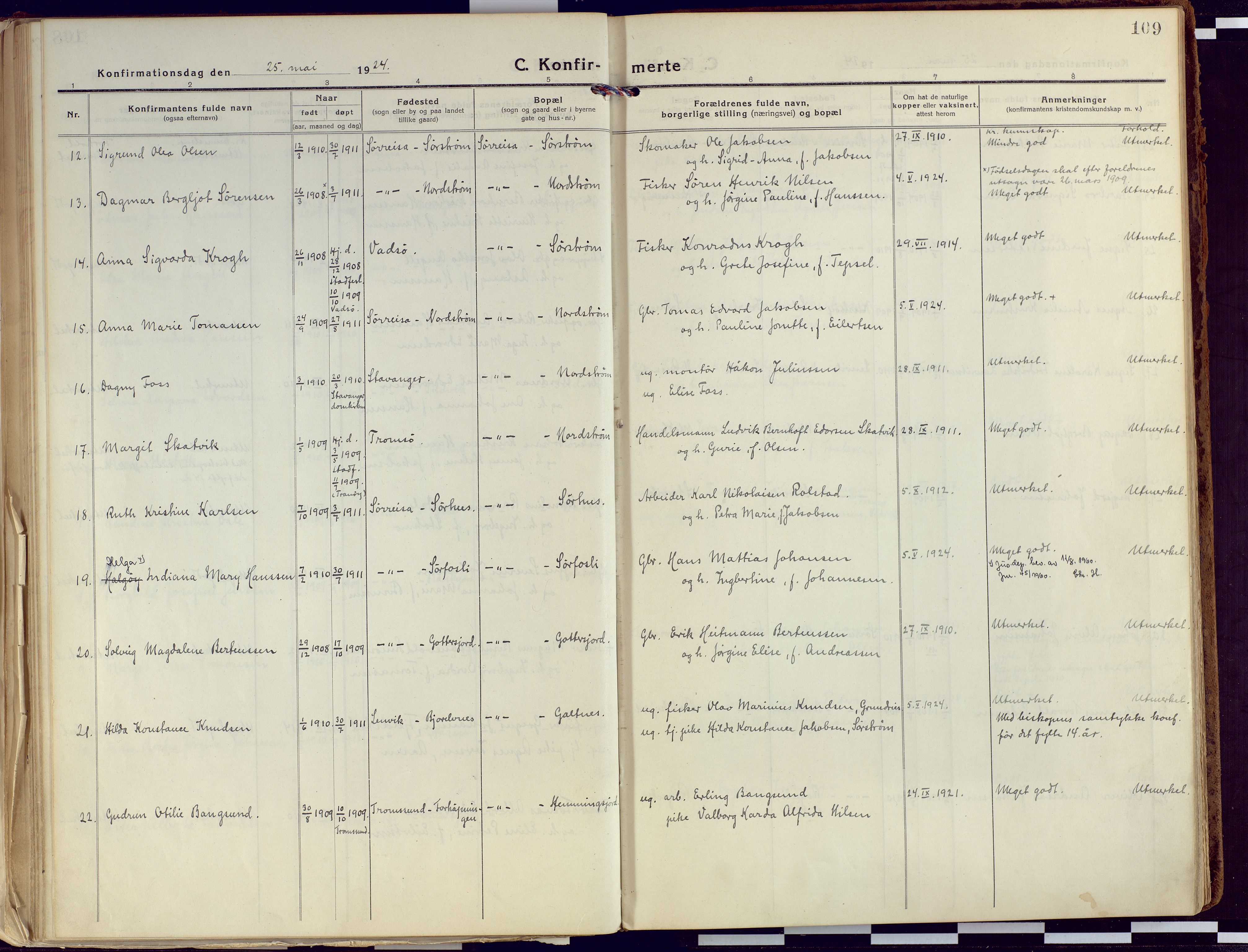 Tranøy sokneprestkontor, AV/SATØ-S-1313/I/Ia/Iaa/L0015kirke: Parish register (official) no. 15, 1919-1928, p. 109