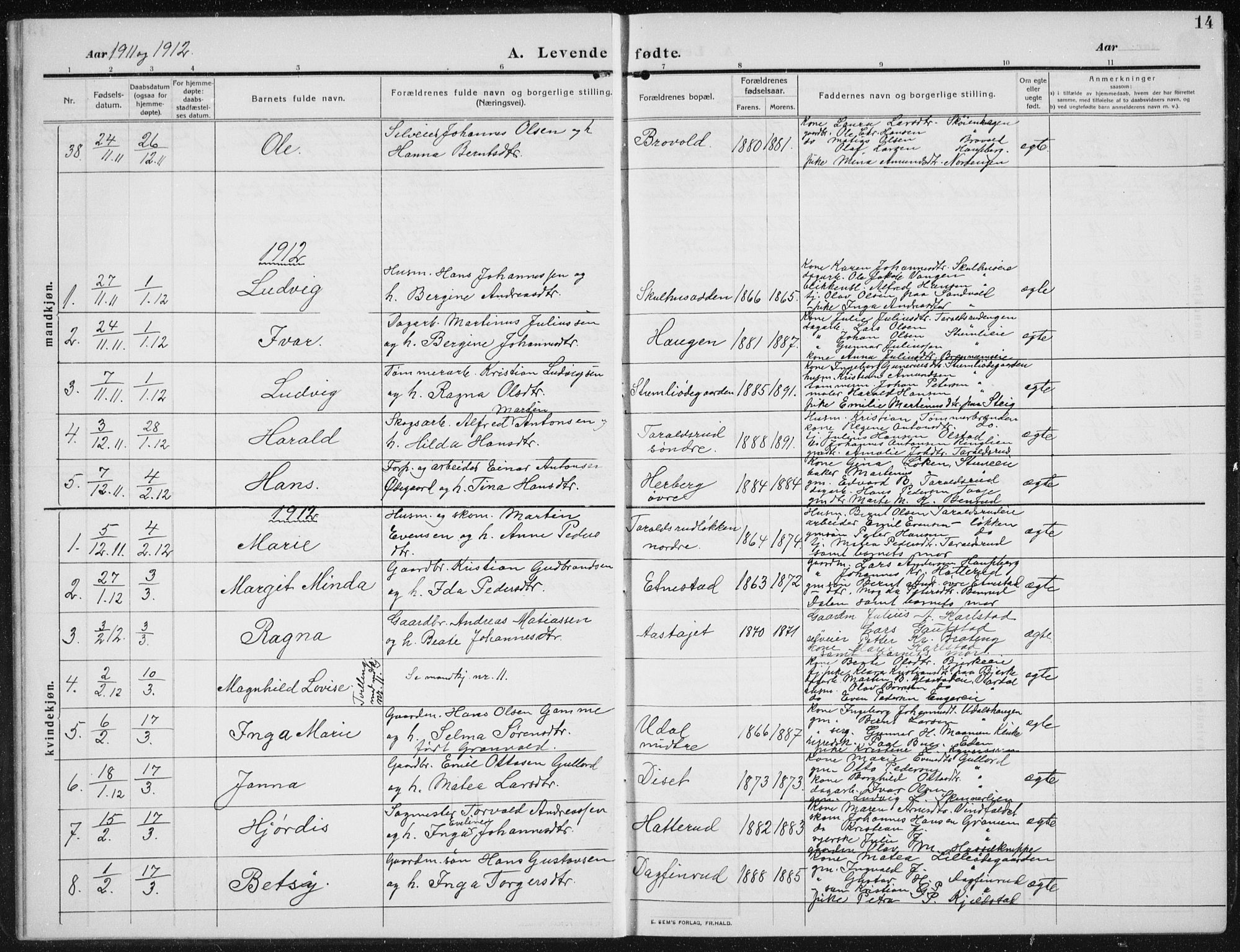 Biri prestekontor, SAH/PREST-096/H/Ha/Hab/L0006: Parish register (copy) no. 6, 1909-1938, p. 14