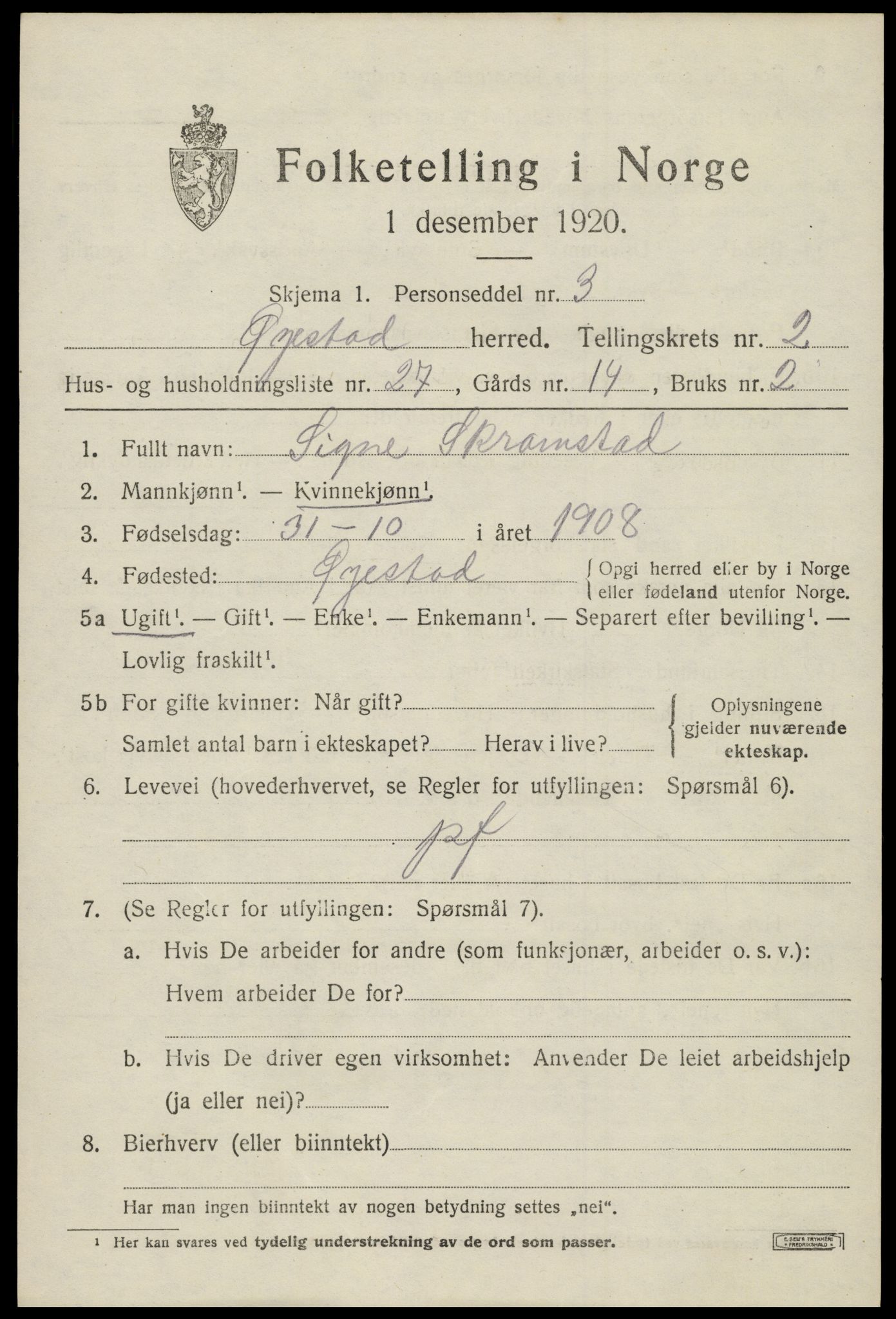 SAK, 1920 census for Øyestad, 1920, p. 2616