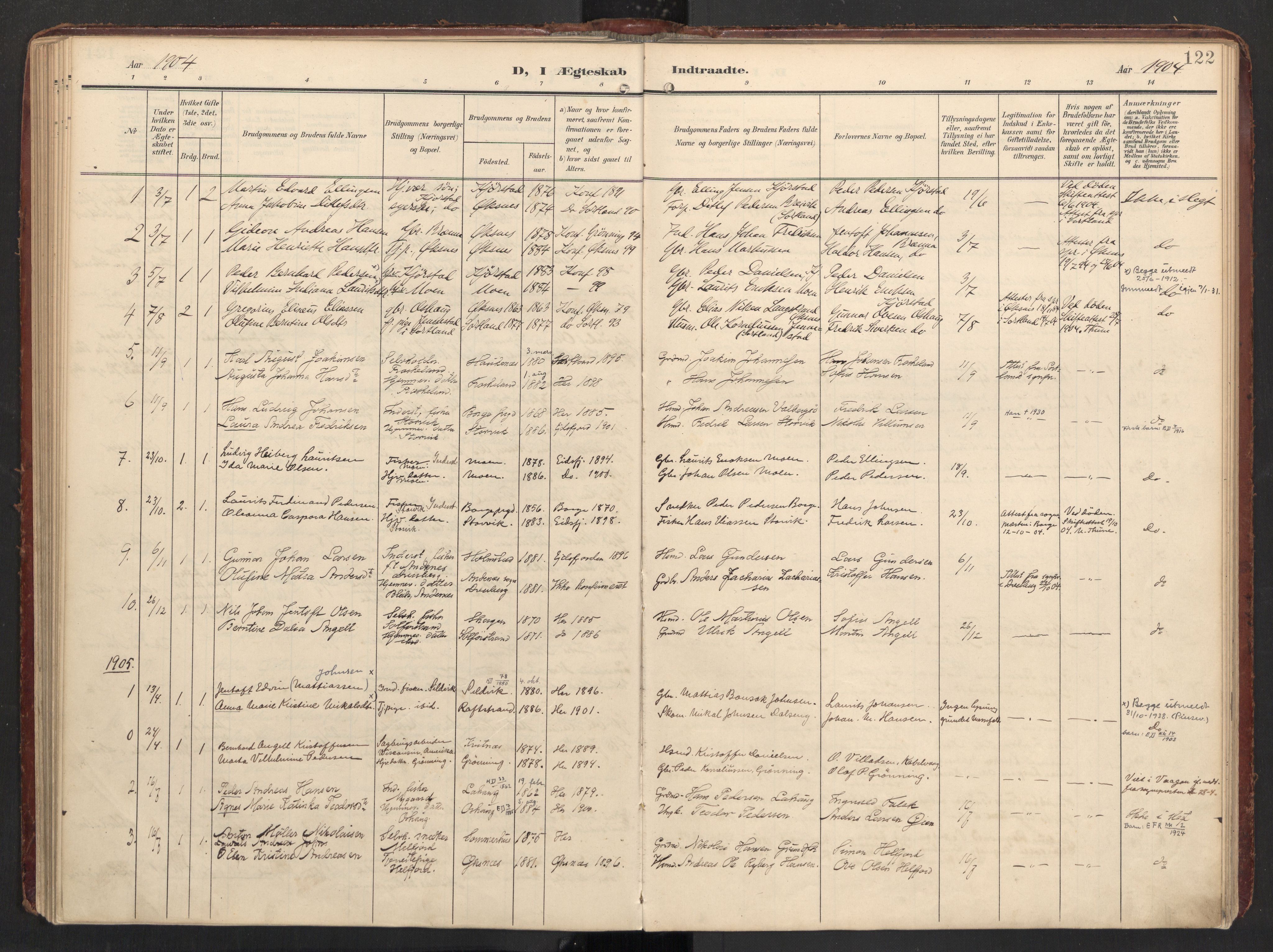 Ministerialprotokoller, klokkerbøker og fødselsregistre - Nordland, SAT/A-1459/890/L1287: Parish register (official) no. 890A02, 1903-1915, p. 122