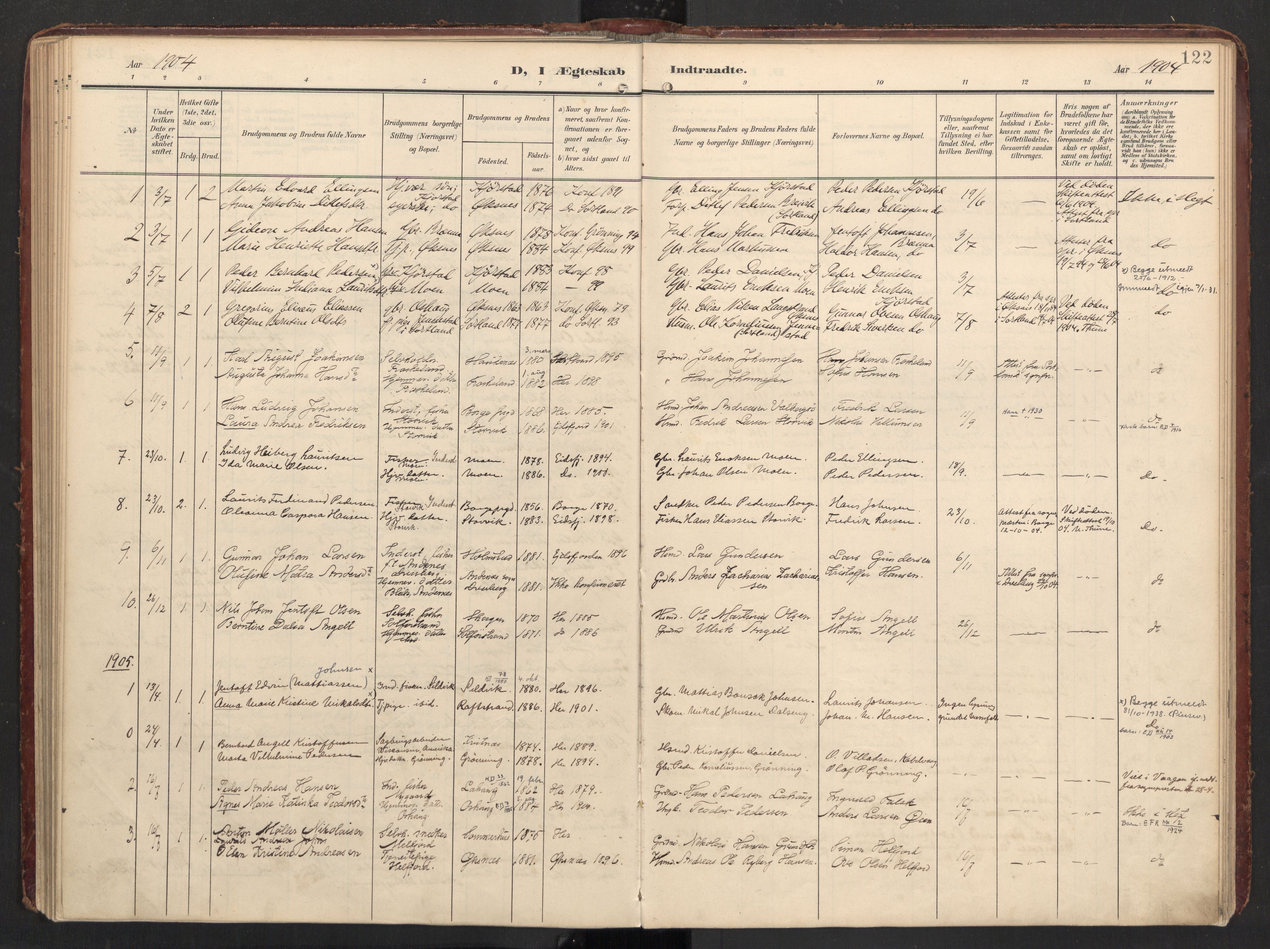 Ministerialprotokoller, klokkerbøker og fødselsregistre - Nordland, AV/SAT-A-1459/890/L1287: Parish register (official) no. 890A02, 1903-1915, p. 122