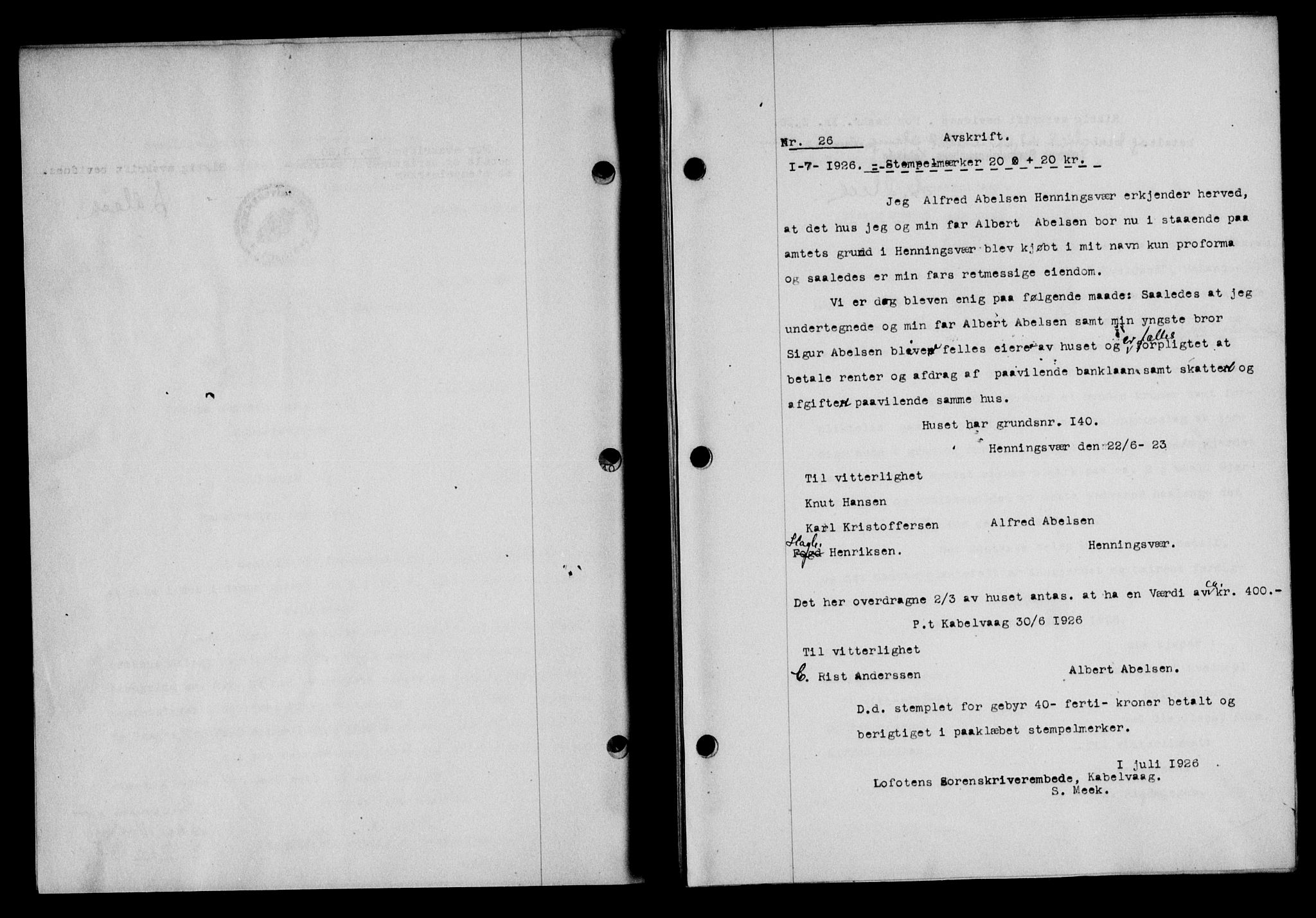 Lofoten sorenskriveri, SAT/A-0017/1/2/2C/L0014b: Mortgage book no. 14b, 1926-1926, Deed date: 01.07.1926