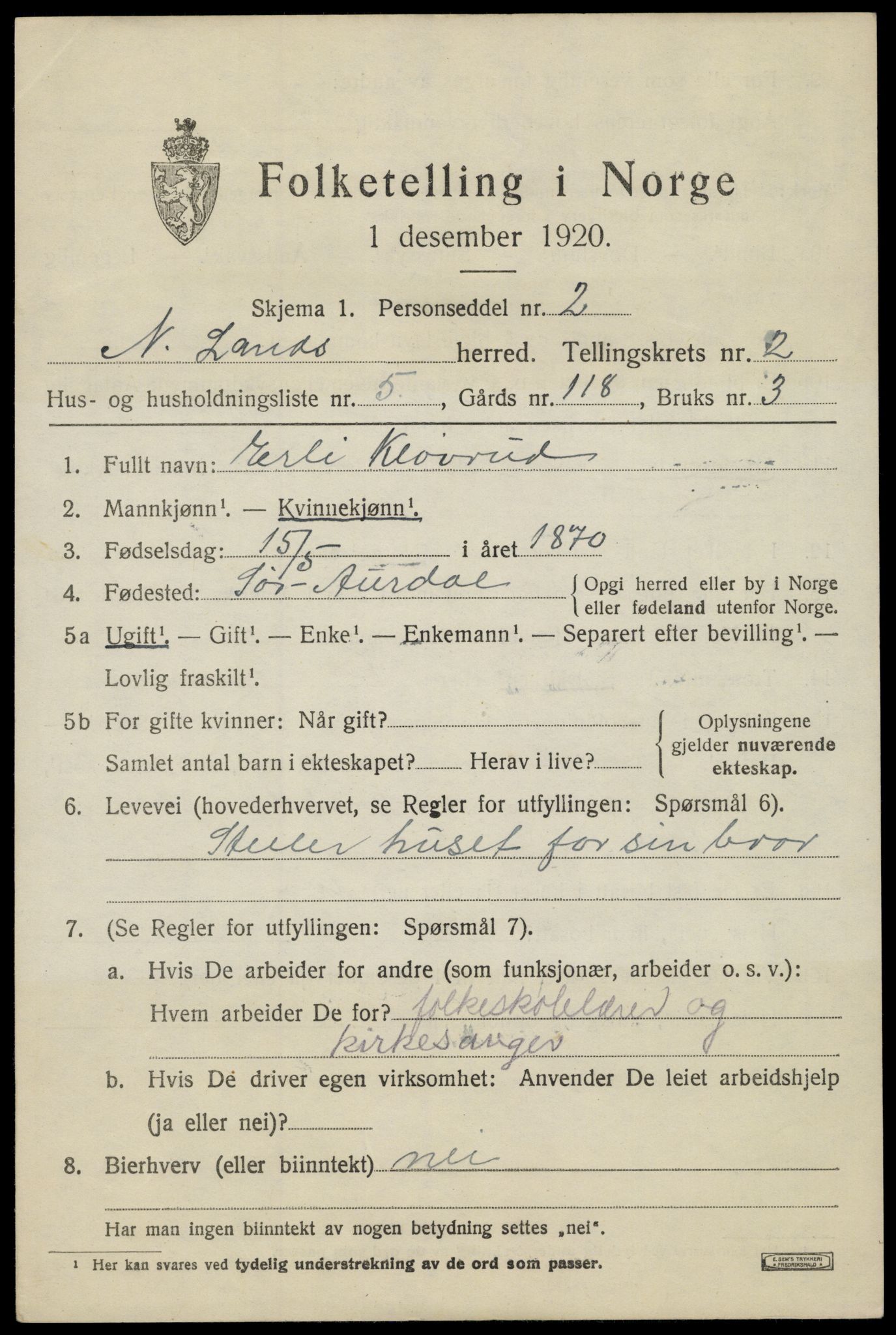 SAH, 1920 census for Nordre Land, 1920, p. 1692