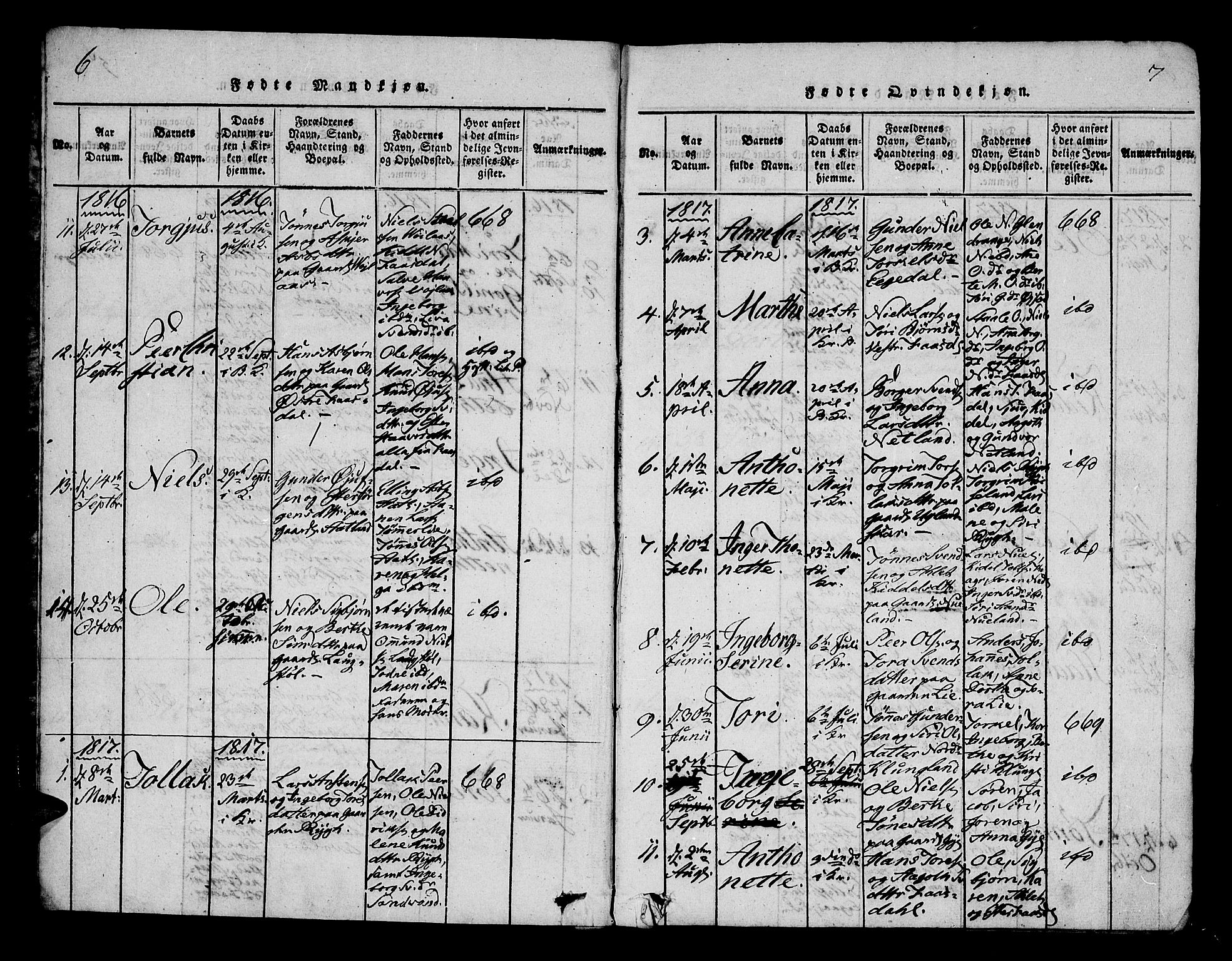 Bakke sokneprestkontor, AV/SAK-1111-0002/F/Fa/Fab/L0001: Parish register (official) no. A 1, 1815-1835, p. 6-7