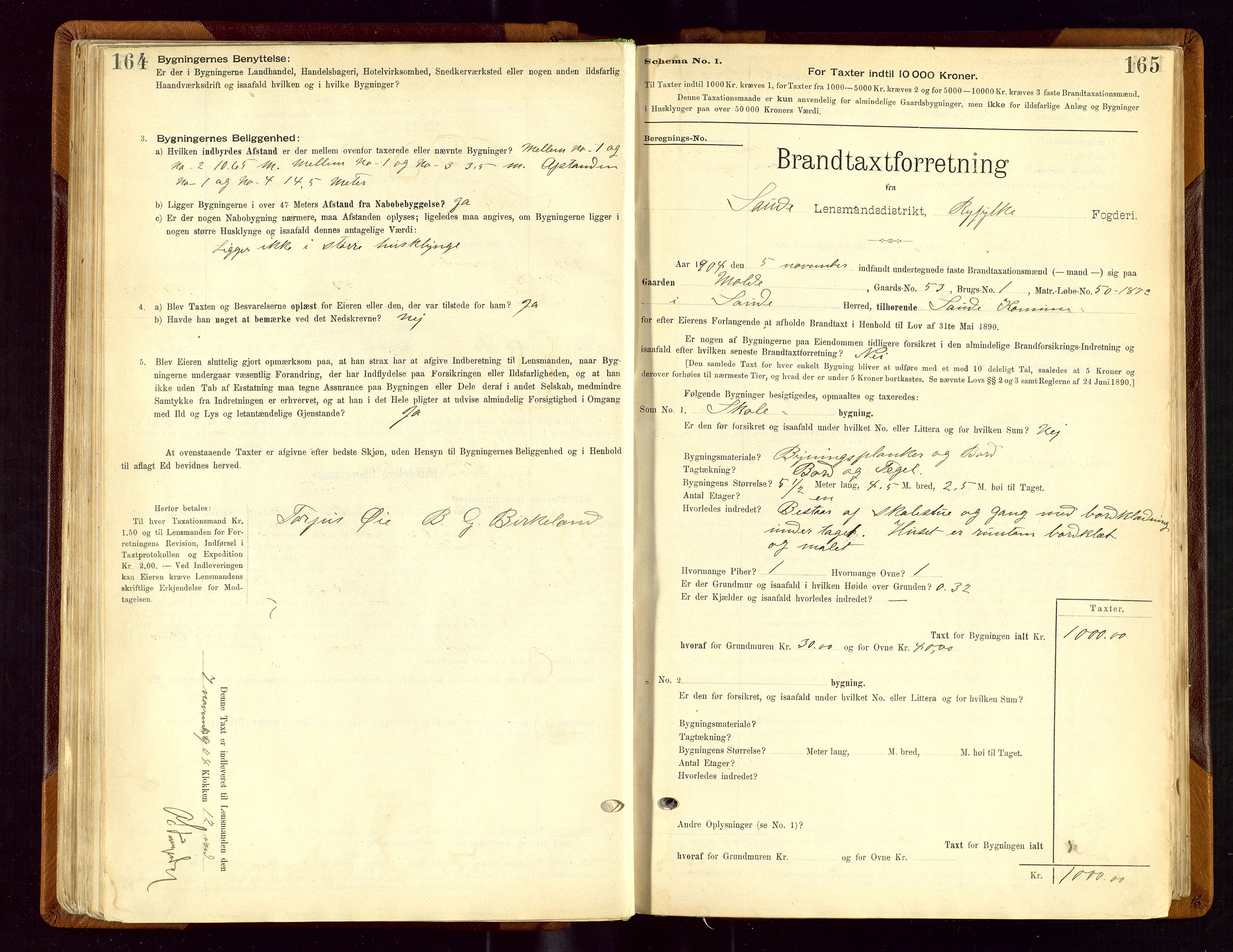 Sauda lensmannskontor, SAST/A-100177/Gob/L0001: Branntakstprotokoll - skjematakst, 1894-1914, p. 164-165