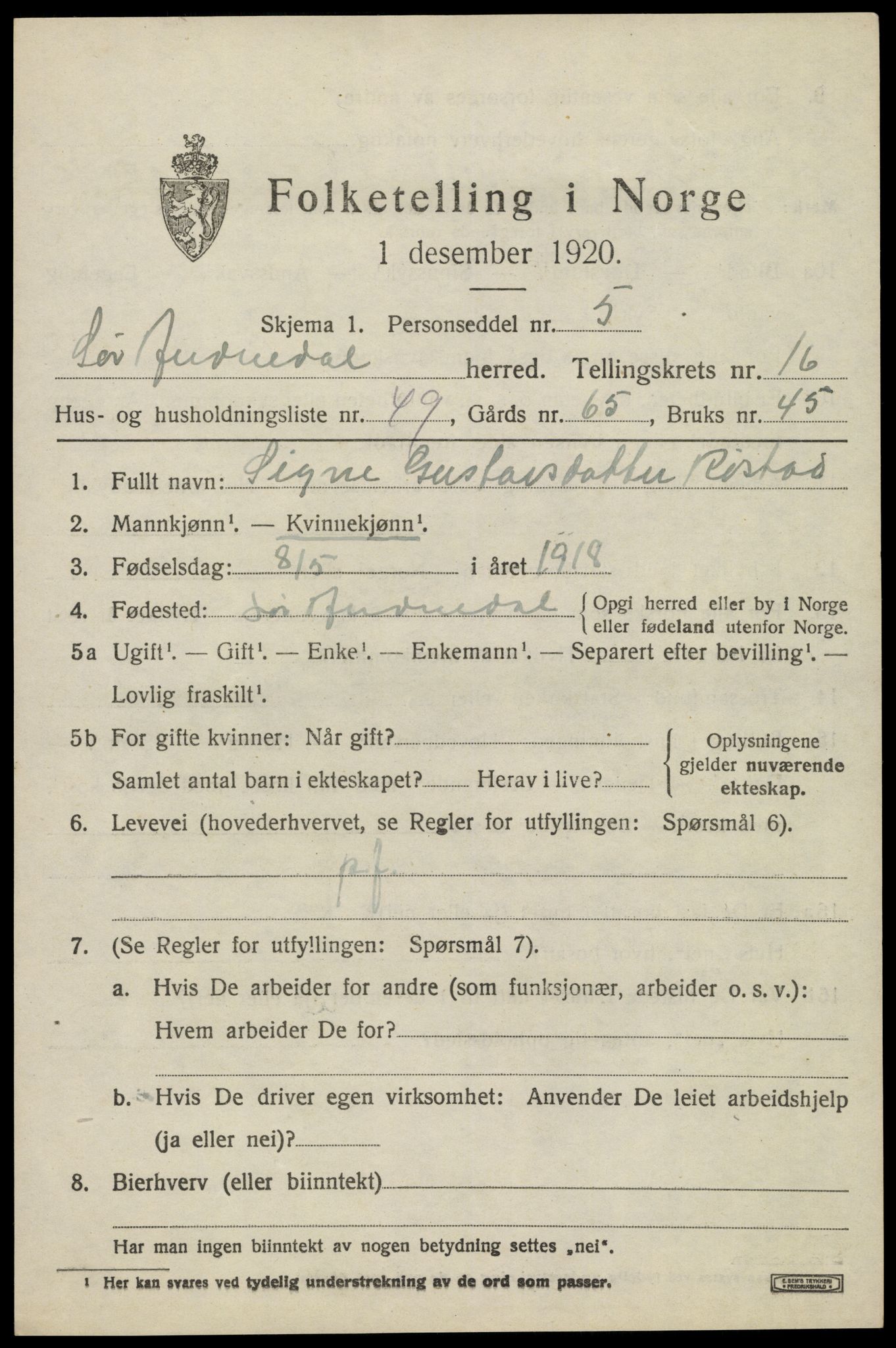 SAK, 1920 census for Sør-Audnedal, 1920, p. 6307