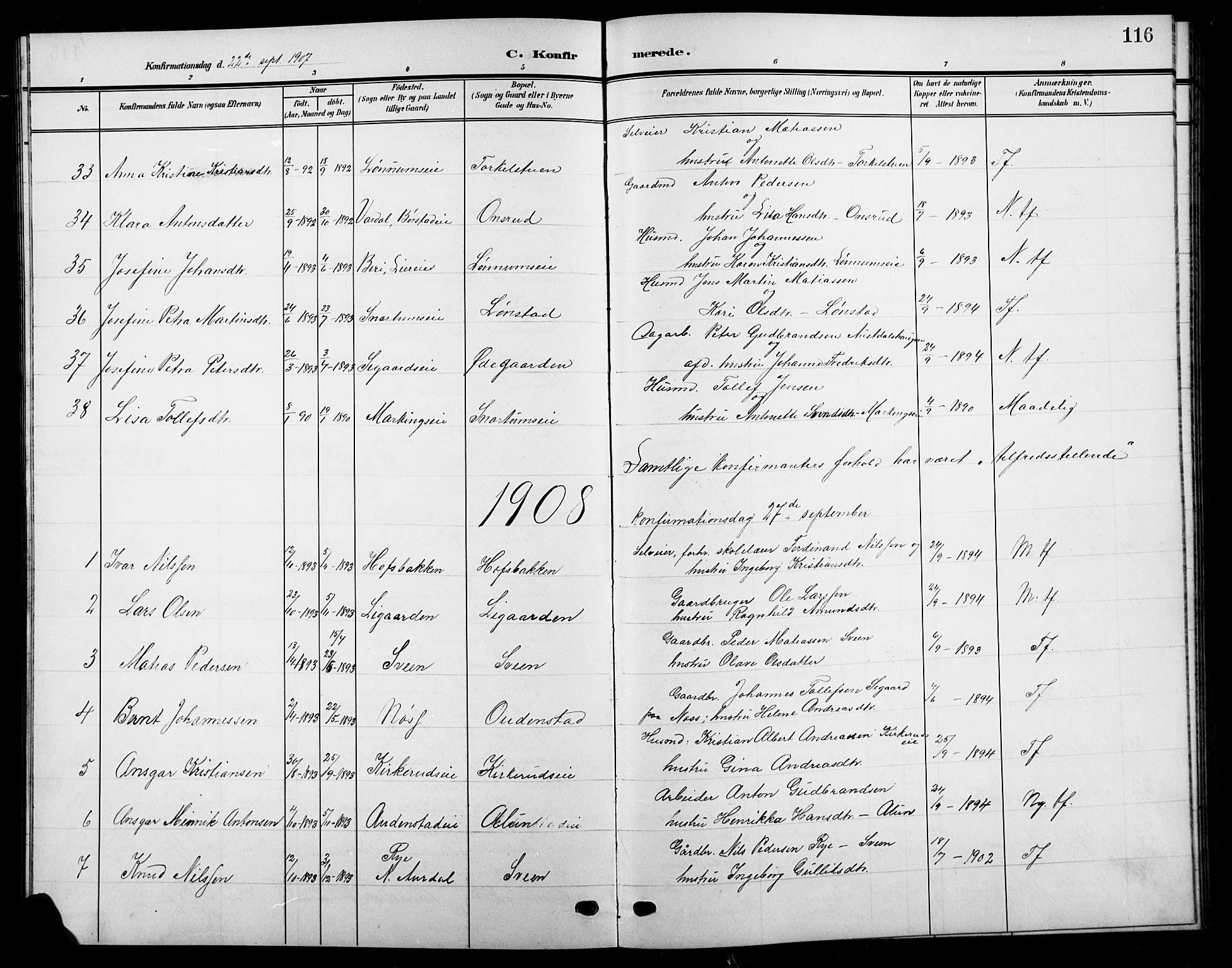 Biri prestekontor, SAH/PREST-096/H/Ha/Hab/L0005: Parish register (copy) no. 5, 1906-1919, p. 116