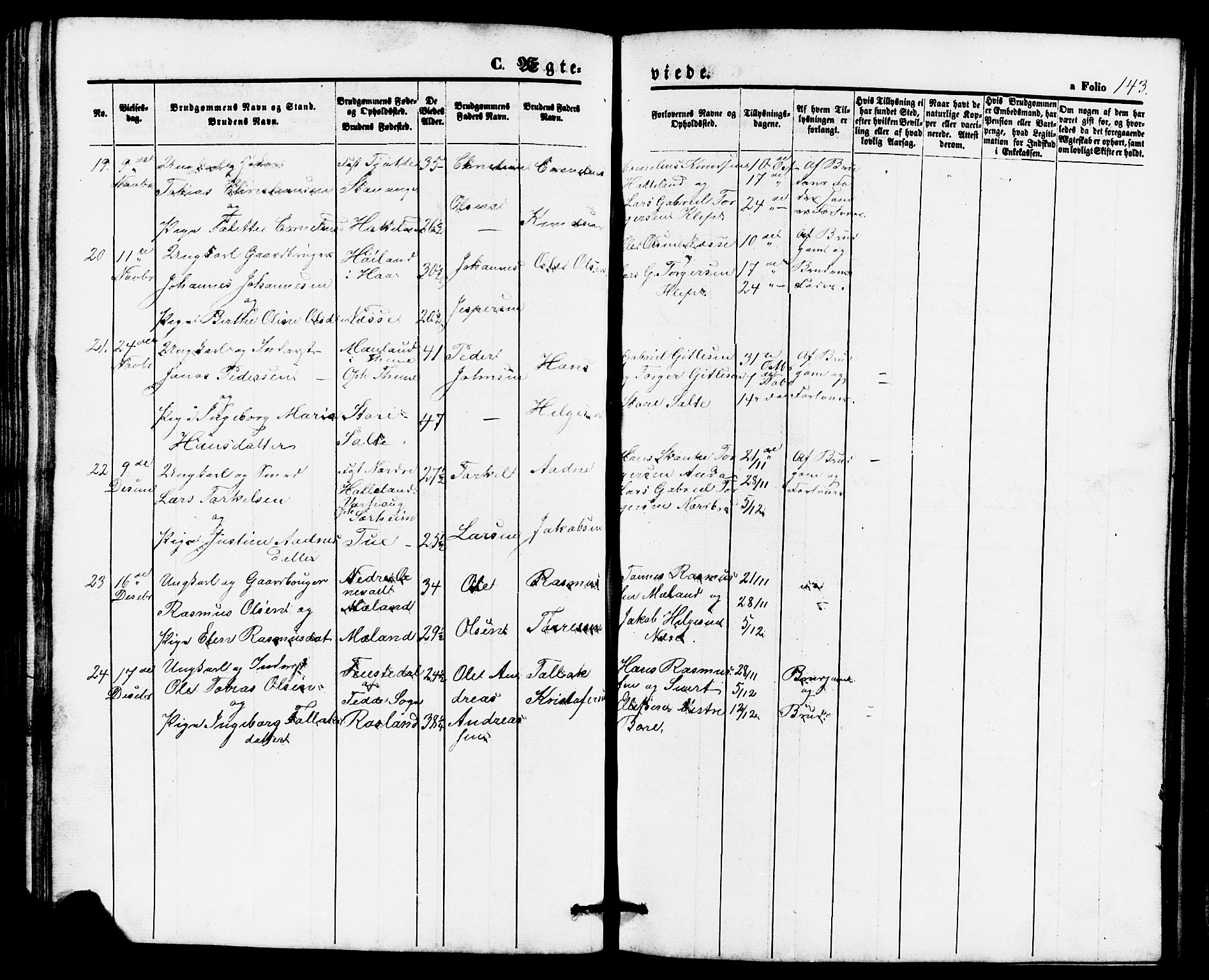 Klepp sokneprestkontor, AV/SAST-A-101803/001/3/30BB/L0002: Parish register (copy) no. B 2, 1860-1875, p. 143