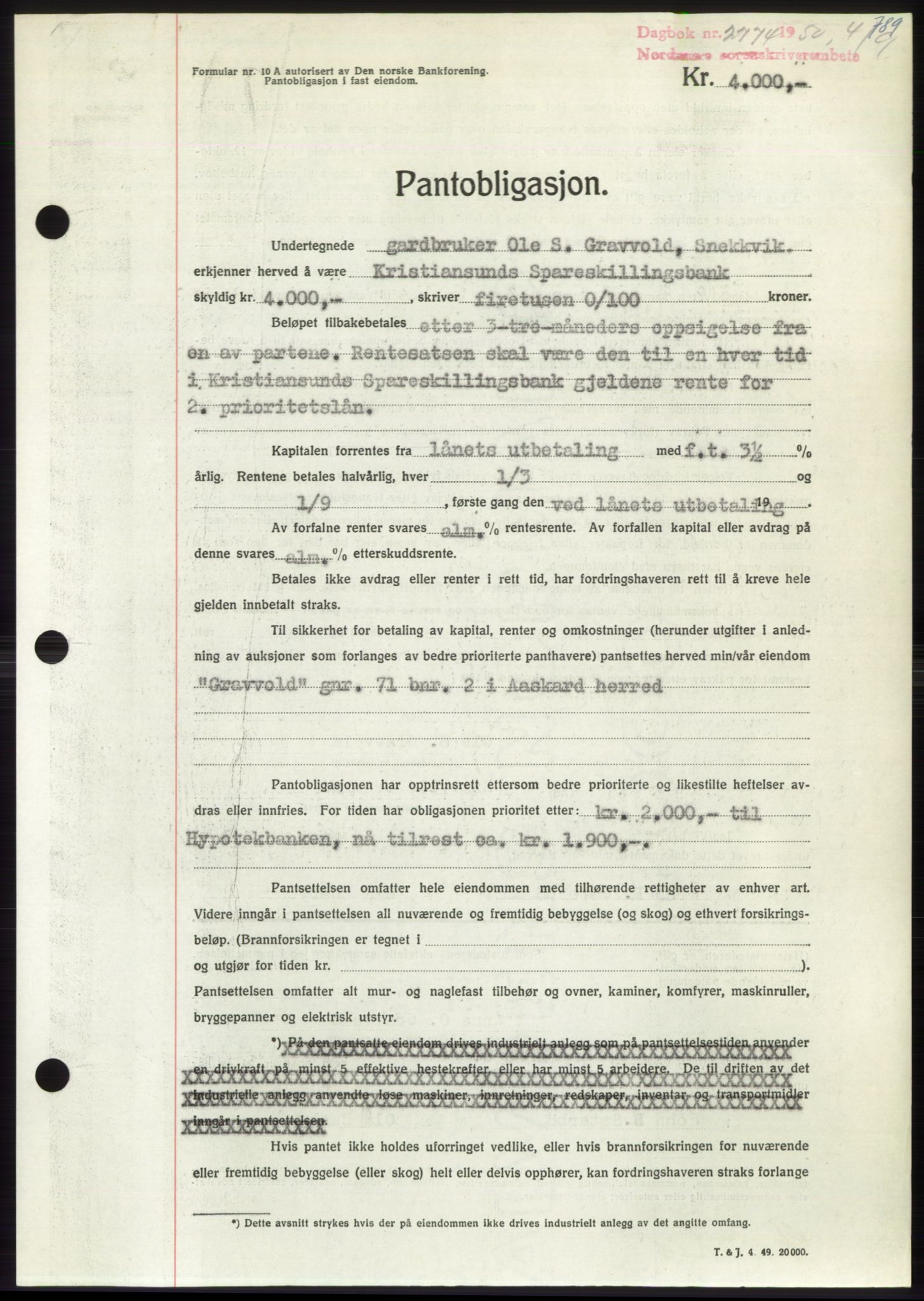 Nordmøre sorenskriveri, AV/SAT-A-4132/1/2/2Ca: Mortgage book no. B105, 1950-1950, Diary no: : 2774/1950