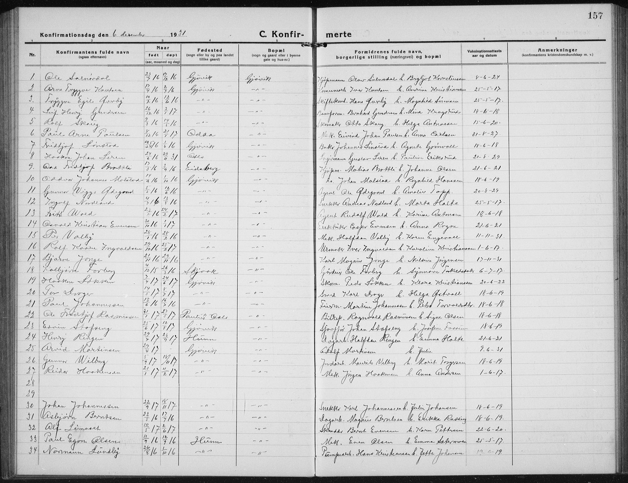 Vardal prestekontor, SAH/PREST-100/H/Ha/Hab/L0017: Parish register (copy) no. 17, 1922-1941, p. 157