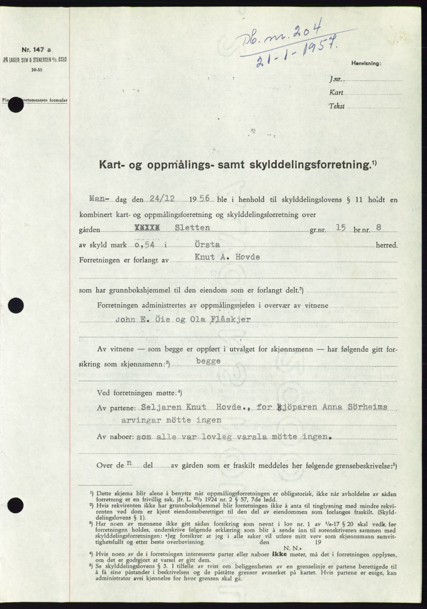 Søre Sunnmøre sorenskriveri, AV/SAT-A-4122/1/2/2C/L0105: Mortgage book no. 31A, 1956-1957, Diary no: : 204/1957