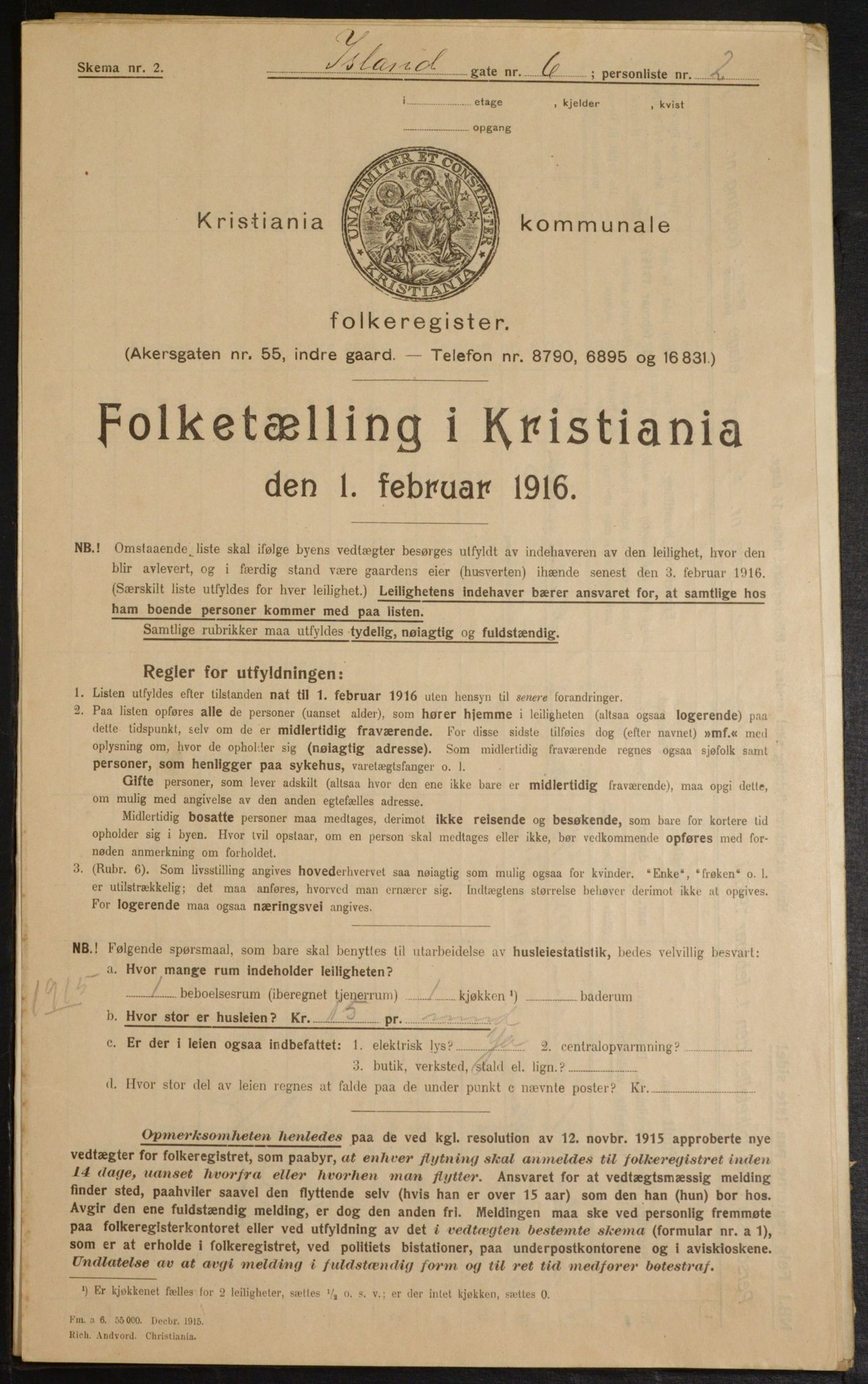 OBA, Municipal Census 1916 for Kristiania, 1916, p. 45485