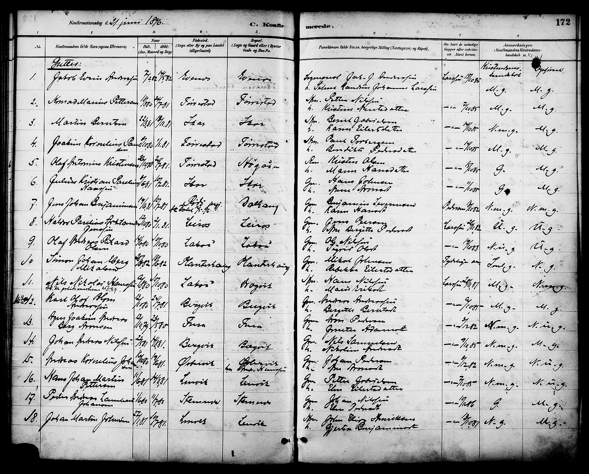 Ministerialprotokoller, klokkerbøker og fødselsregistre - Nordland, SAT/A-1459/863/L0898: Parish register (official) no. 863A10, 1886-1897, p. 172