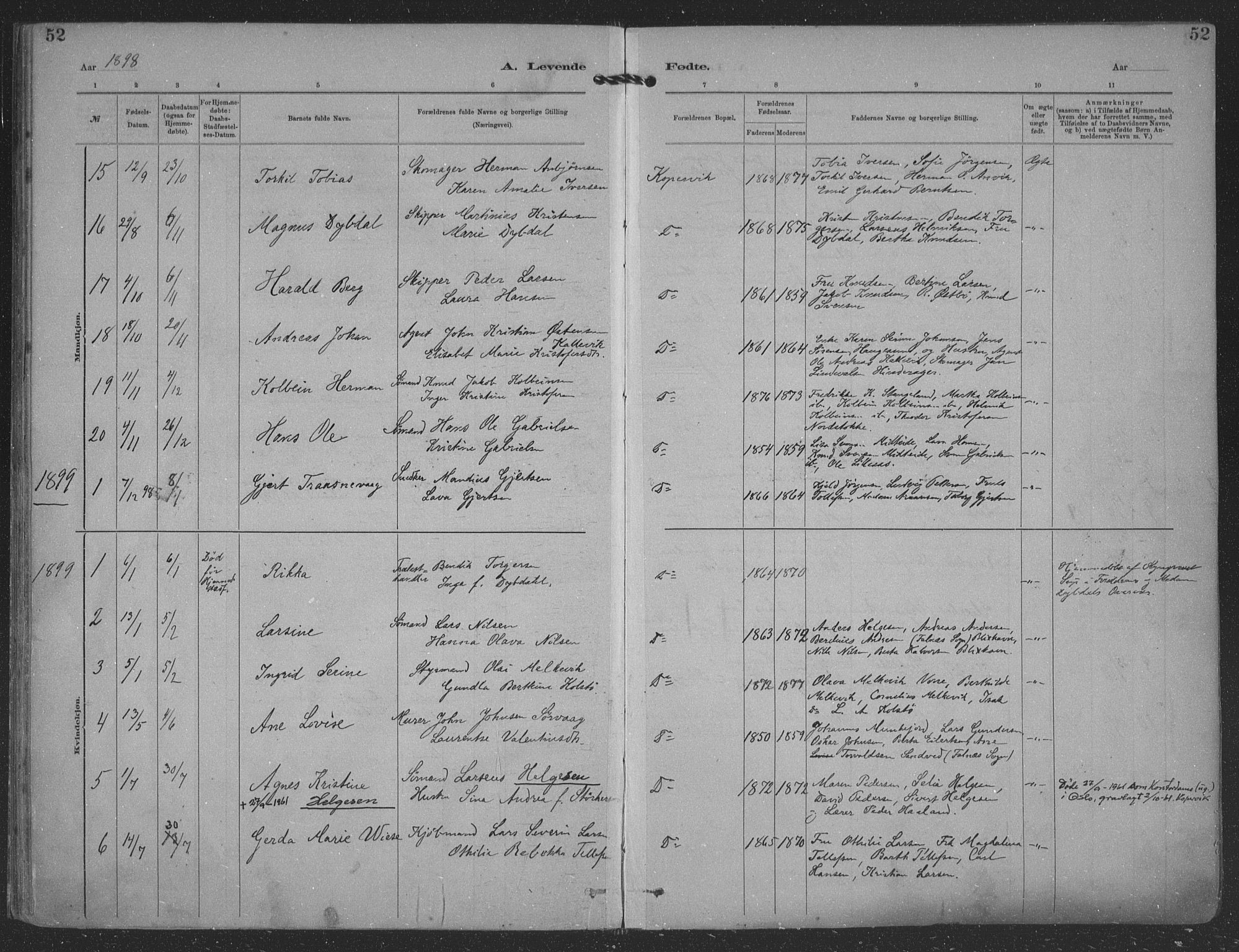 Kopervik sokneprestkontor, SAST/A-101850/H/Ha/Haa/L0001: Parish register (official) no. A 1, 1880-1919, p. 52