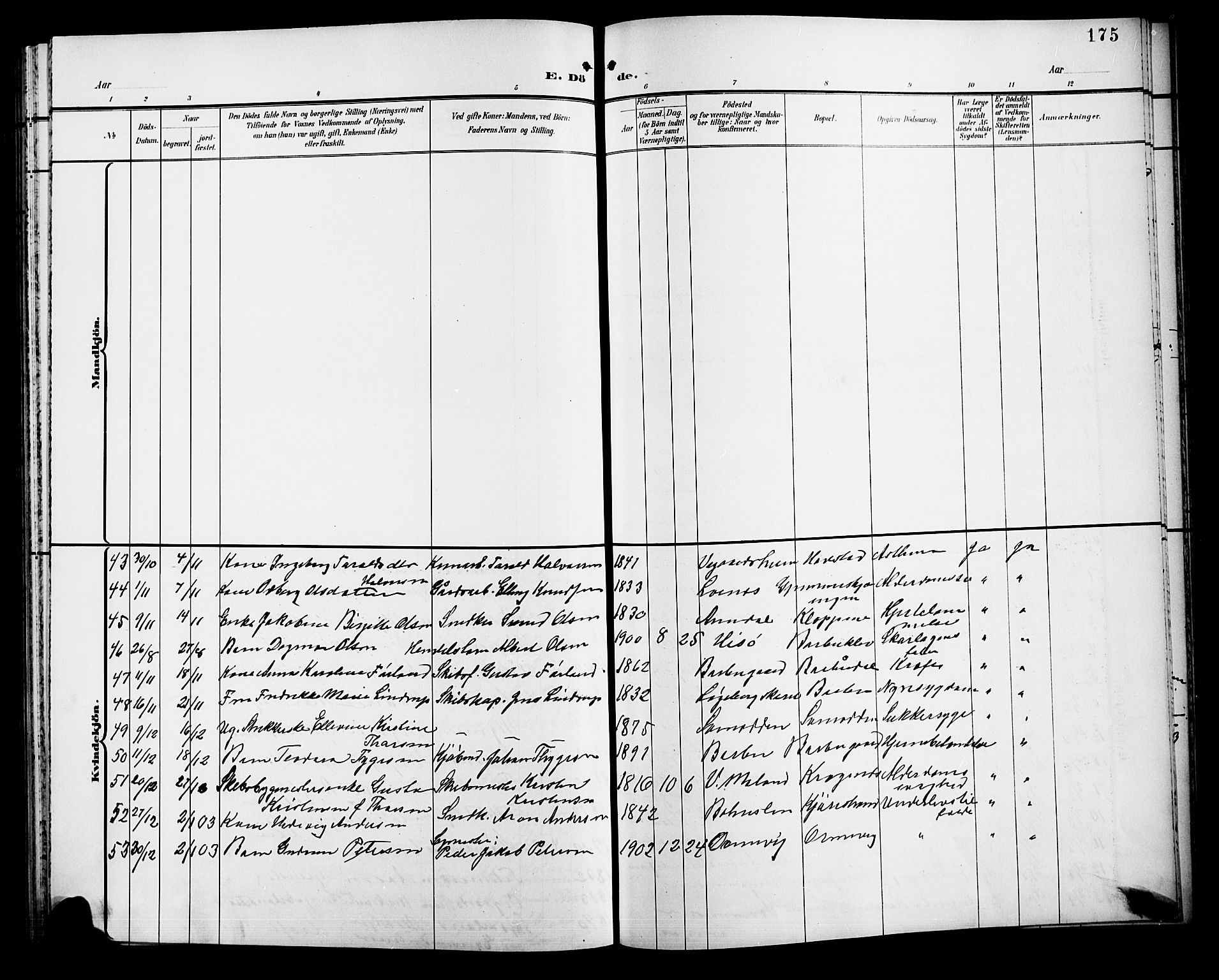 Barbu sokneprestkontor, AV/SAK-1111-0003/F/Fb/L0003: Parish register (copy) no. B 3, 1897-1911, p. 175