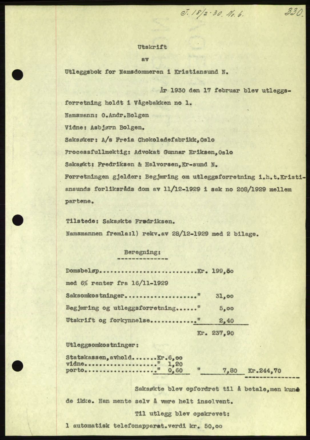Kristiansund byfogd, AV/SAT-A-4587/A/27: Mortgage book no. 23, 1929-1930, Deed date: 18.02.1930