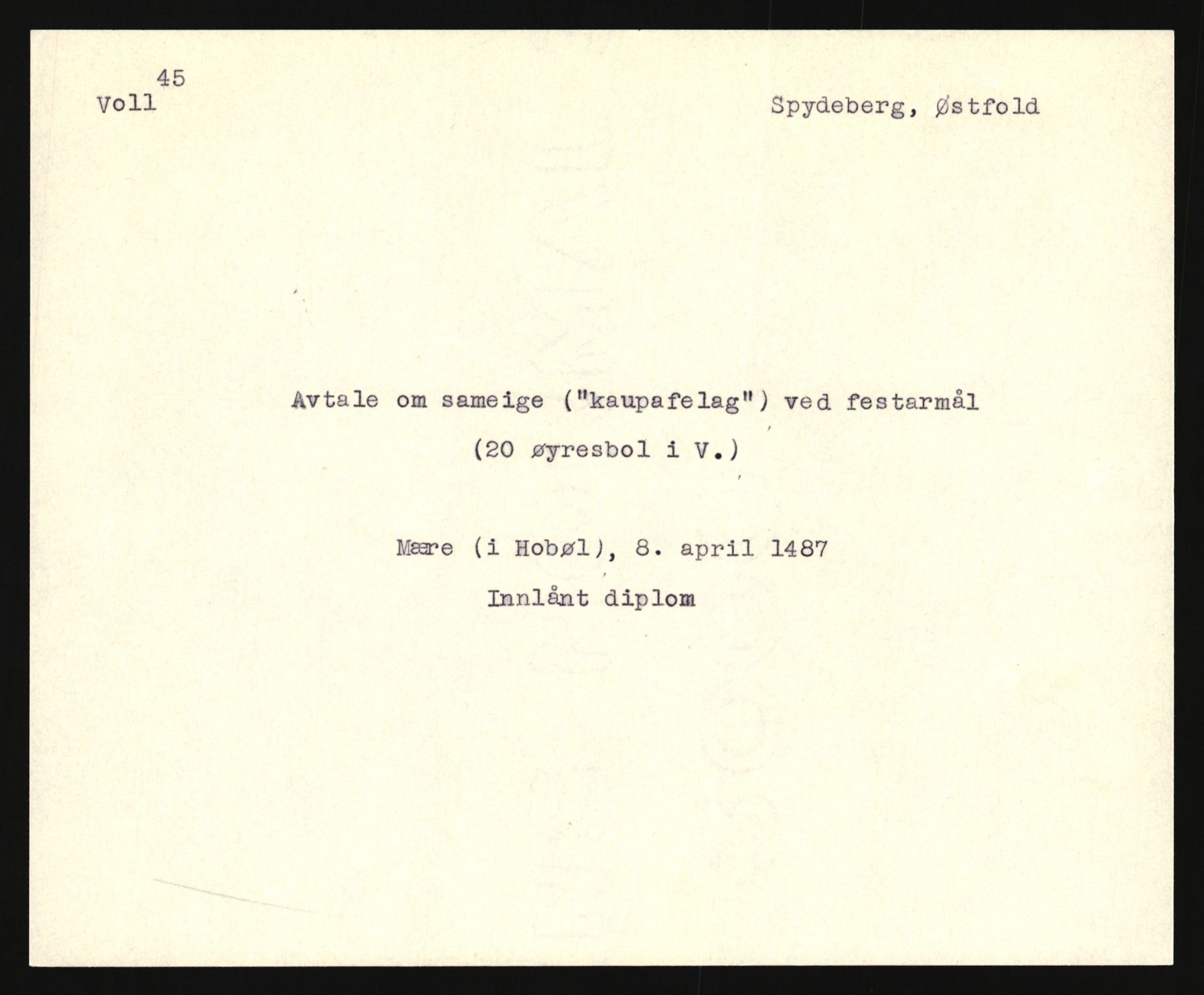 Riksarkivets diplomsamling, AV/RA-EA-5965/F35/F35e/L0001: Registreringssedler Østfold 1, 1300-1900, p. 357