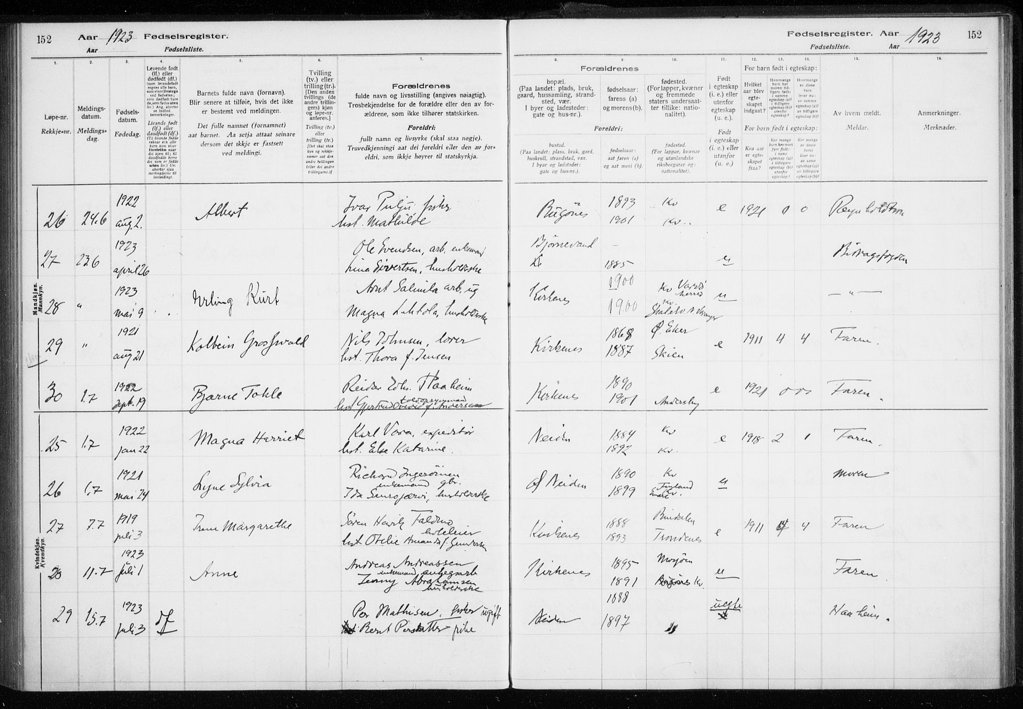 Sør-Varanger sokneprestkontor, AV/SATØ-S-1331/I/Ia/L0016: Birth register no. 16, 1915-1925, p. 152